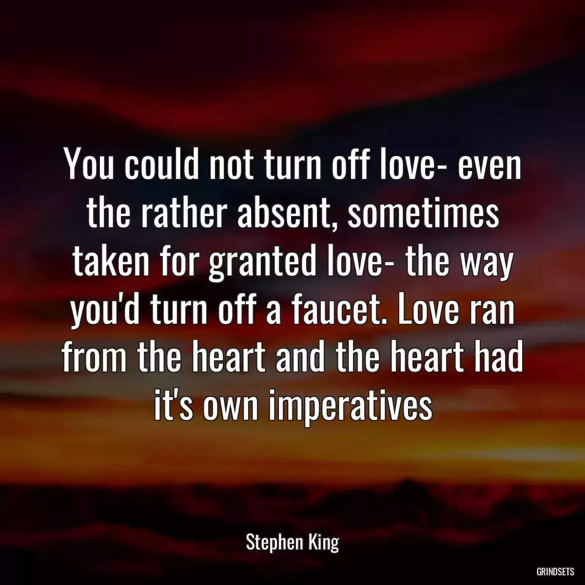 You could not turn off love- even the rather absent, sometimes taken for granted love- the way you\'d turn off a faucet. Love ran from the heart and the heart had it\'s own imperatives