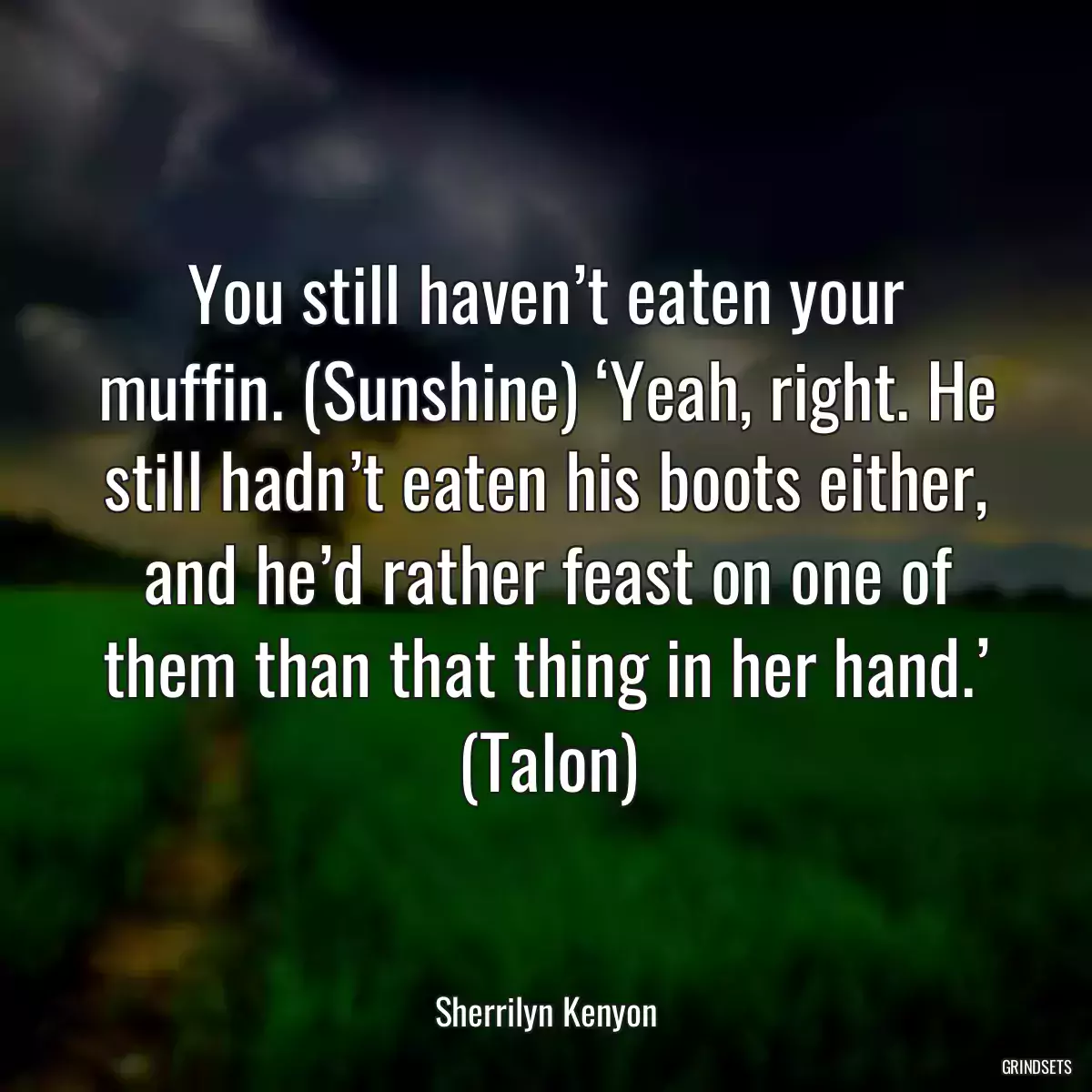 You still haven’t eaten your muffin. (Sunshine) ‘Yeah, right. He still hadn’t eaten his boots either, and he’d rather feast on one of them than that thing in her hand.’ (Talon)