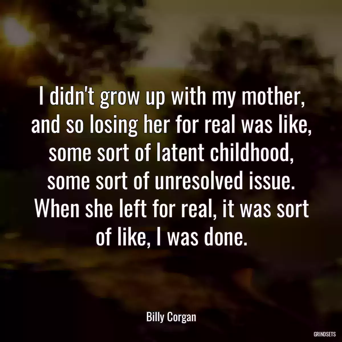 I didn\'t grow up with my mother, and so losing her for real was like, some sort of latent childhood, some sort of unresolved issue. When she left for real, it was sort of like, I was done.