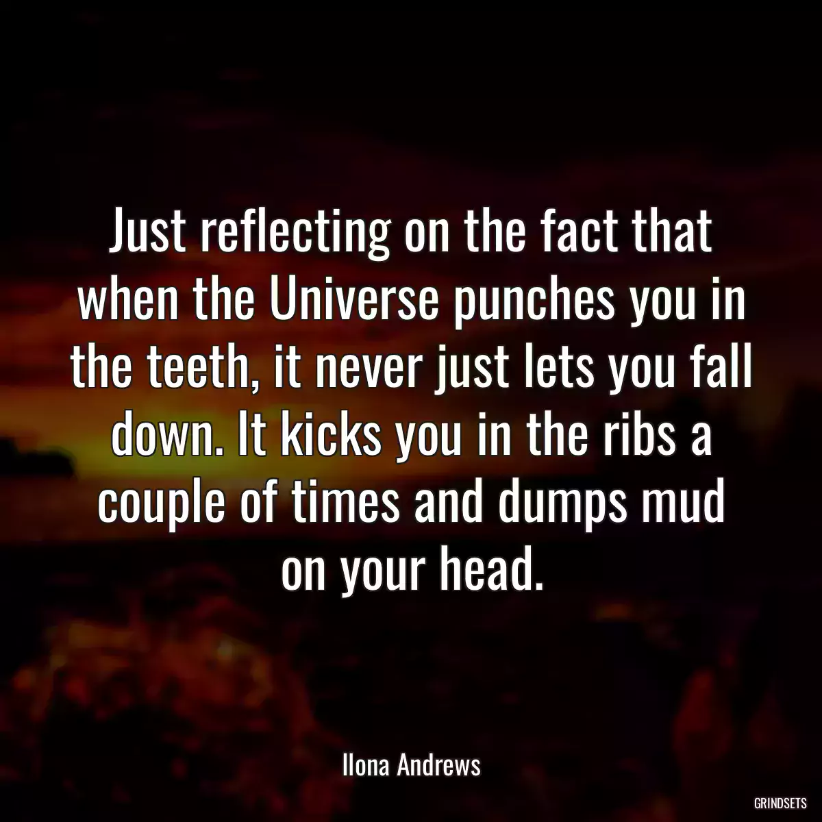 Just reflecting on the fact that when the Universe punches you in the teeth, it never just lets you fall down. It kicks you in the ribs a couple of times and dumps mud on your head.