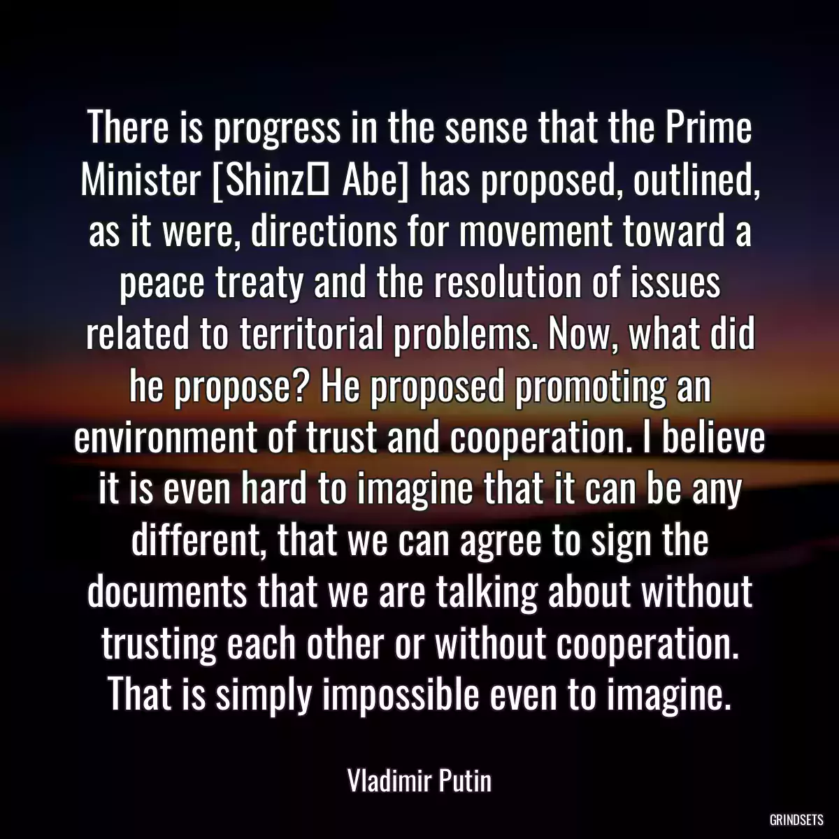 There is progress in the sense that the Prime Minister [Shinzō Abe] has proposed, outlined, as it were, directions for movement toward a peace treaty and the resolution of issues related to territorial problems. Now, what did he propose? He proposed promoting an environment of trust and cooperation. I believe it is even hard to imagine that it can be any different, that we can agree to sign the documents that we are talking about without trusting each other or without cooperation. That is simply impossible even to imagine.