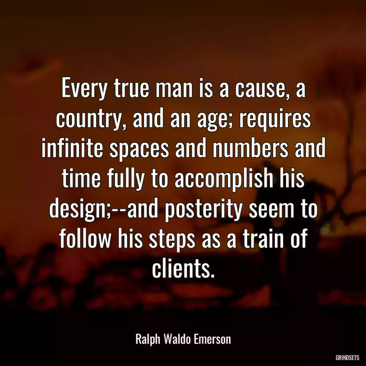 Every true man is a cause, a country, and an age; requires infinite spaces and numbers and time fully to accomplish his design;--and posterity seem to follow his steps as a train of clients.