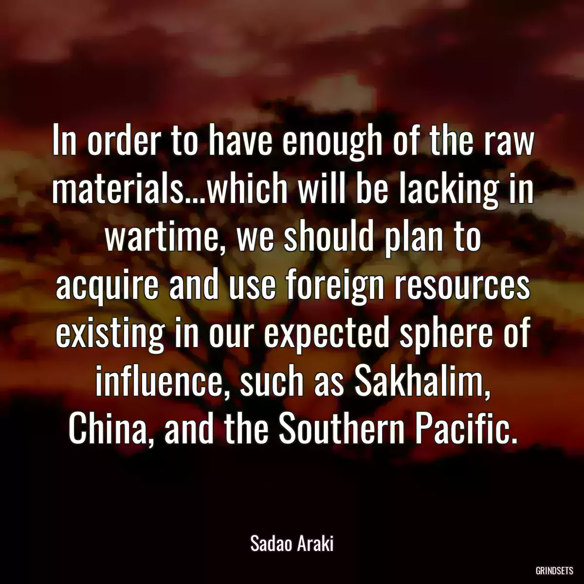 In order to have enough of the raw materials...which will be lacking in wartime, we should plan to acquire and use foreign resources existing in our expected sphere of influence, such as Sakhalim, China, and the Southern Pacific.