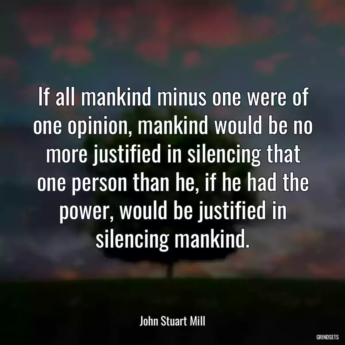 If all mankind minus one were of one opinion, mankind would be no more justified in silencing that one person than he, if he had the power, would be justified in silencing mankind.