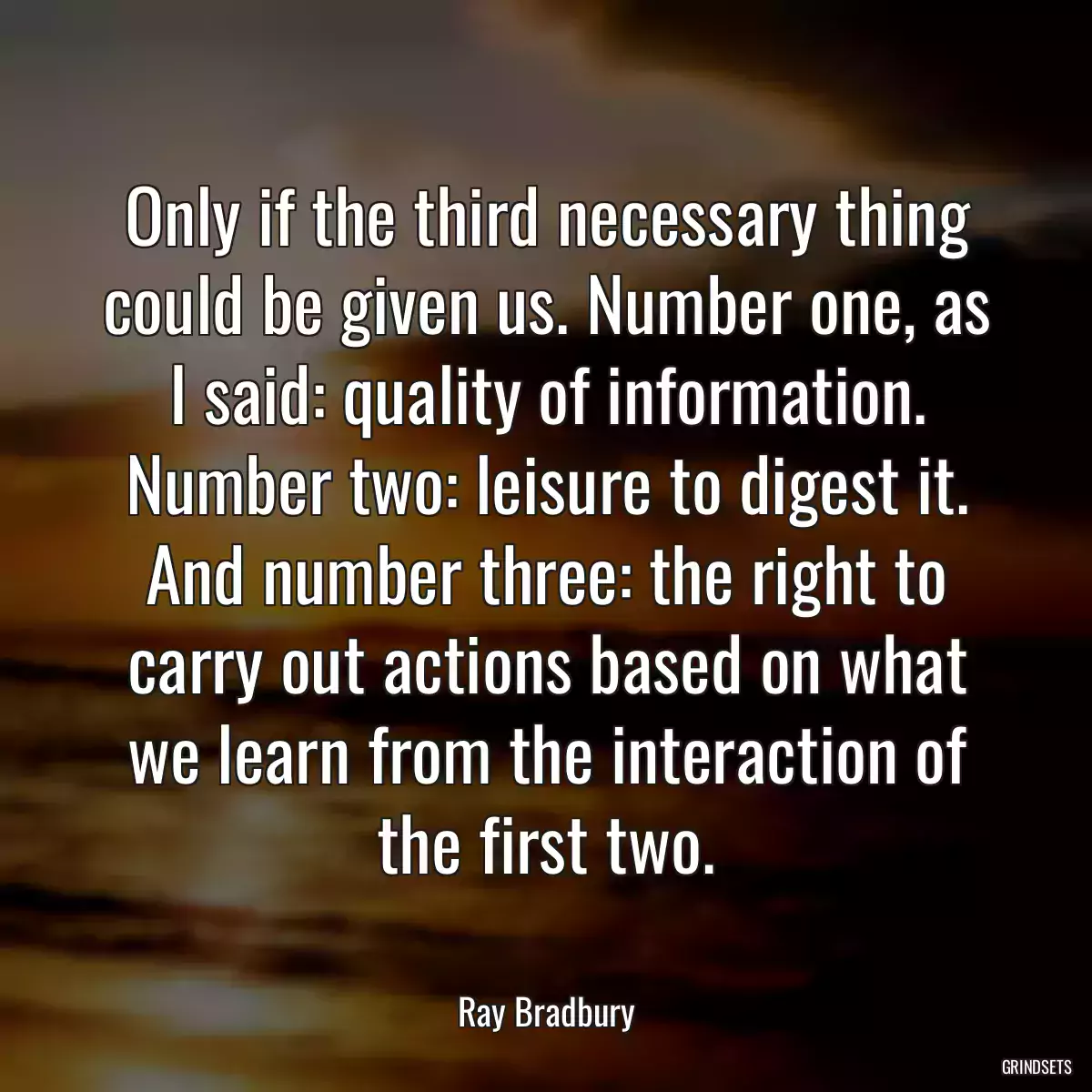 Only if the third necessary thing could be given us. Number one, as I said: quality of information. Number two: leisure to digest it. And number three: the right to carry out actions based on what we learn from the interaction of the first two.