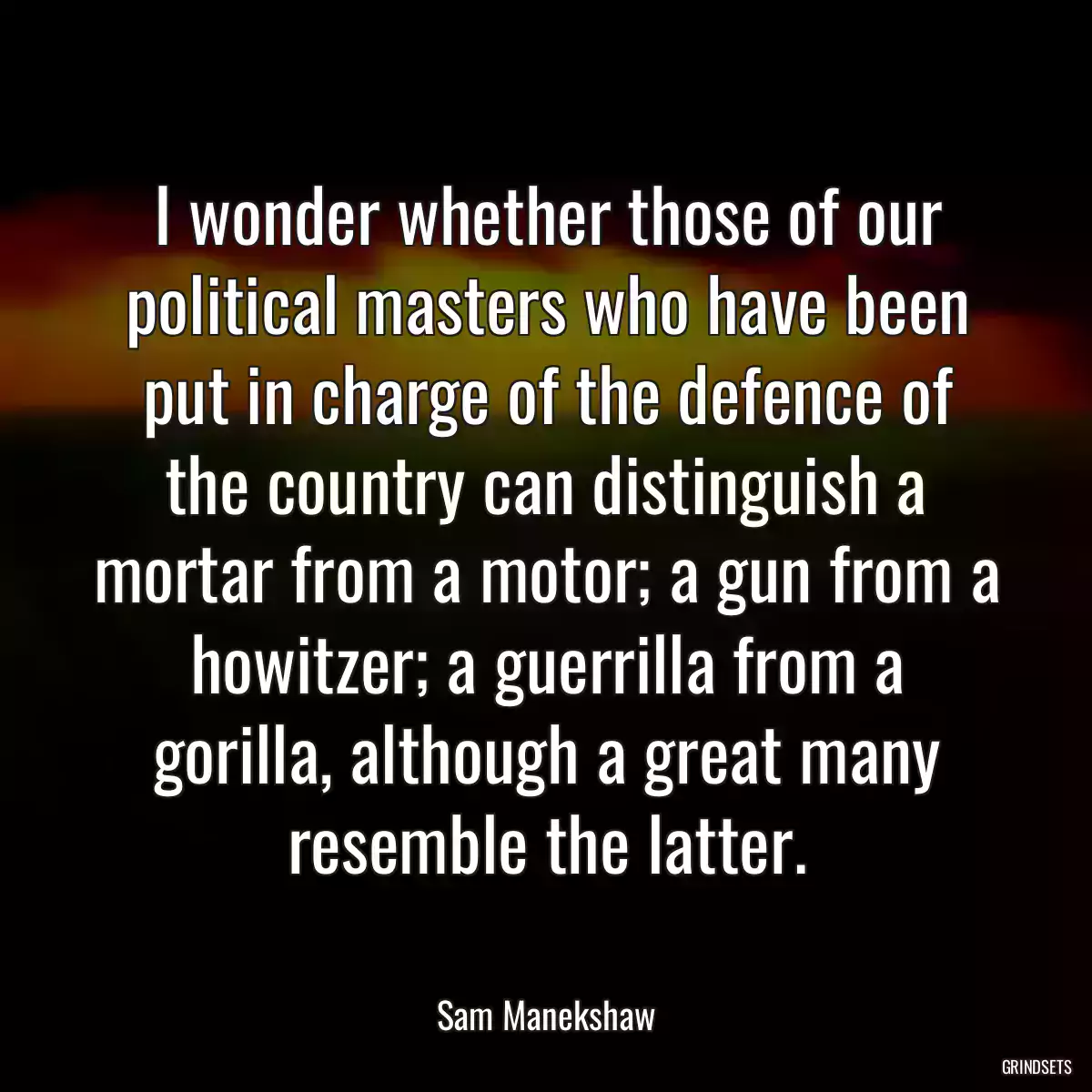 I wonder whether those of our political masters who have been put in charge of the defence of the country can distinguish a mortar from a motor; a gun from a howitzer; a guerrilla from a gorilla, although a great many resemble the latter.