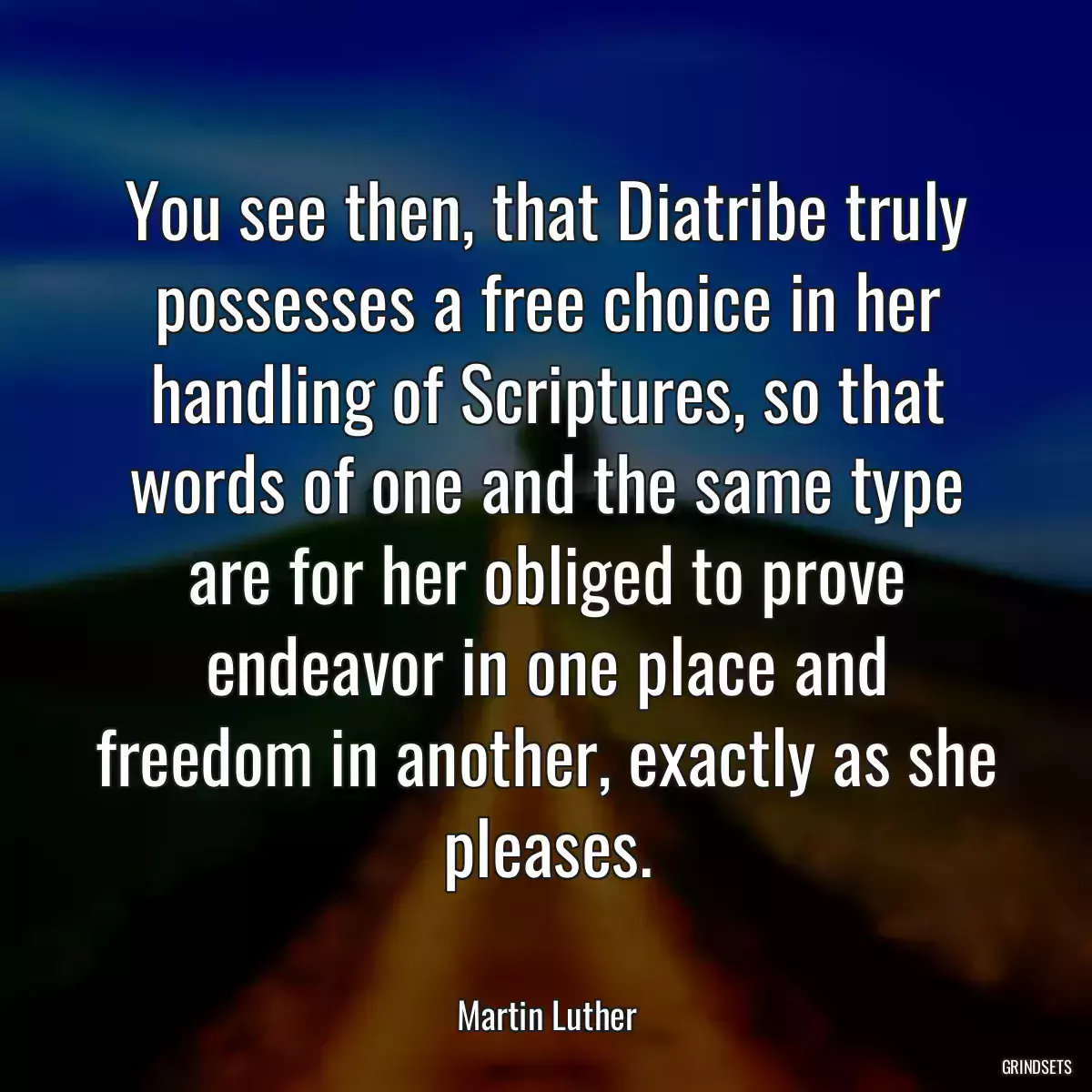 You see then, that Diatribe truly possesses a free choice in her handling of Scriptures, so that words of one and the same type are for her obliged to prove endeavor in one place and freedom in another, exactly as she pleases.