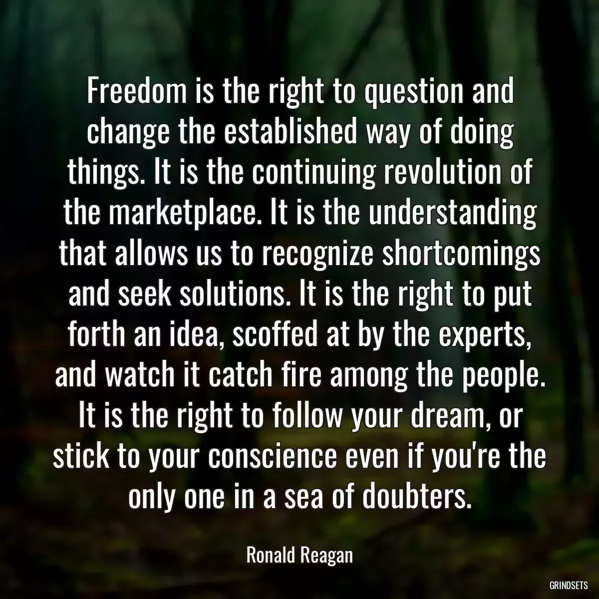 Freedom is the right to question and change the established way of doing things. It is the continuing revolution of the marketplace. It is the understanding that allows us to recognize shortcomings and seek solutions. It is the right to put forth an idea, scoffed at by the experts, and watch it catch fire among the people. It is the right to follow your dream, or stick to your conscience even if you\'re the only one in a sea of doubters.