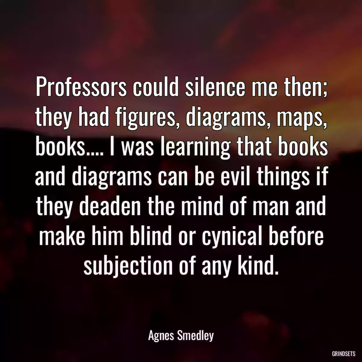 Professors could silence me then; they had figures, diagrams, maps, books.... I was learning that books and diagrams can be evil things if they deaden the mind of man and make him blind or cynical before subjection of any kind.