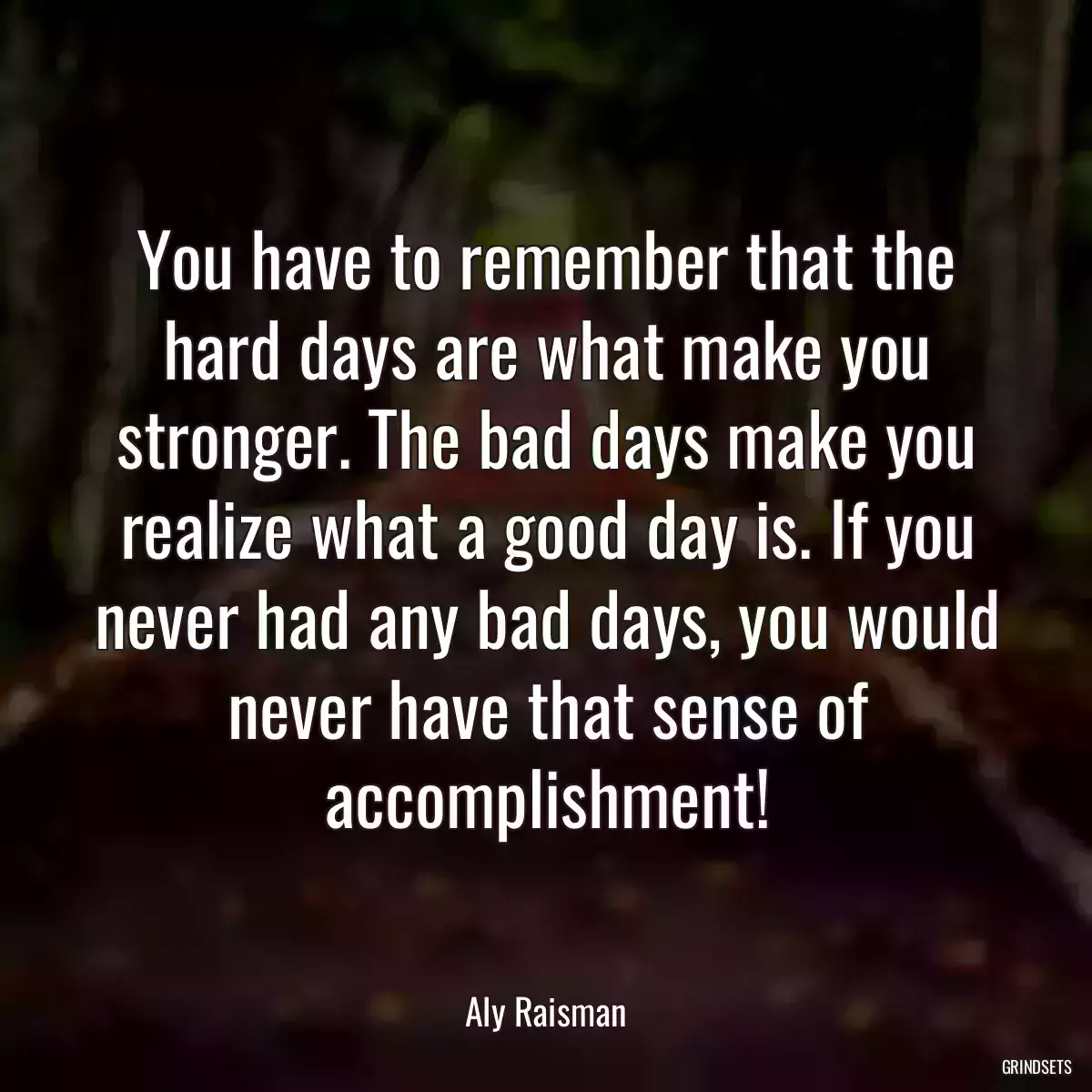 You have to remember that the hard days are what make you stronger. The bad days make you realize what a good day is. If you never had any bad days, you would never have that sense of accomplishment!