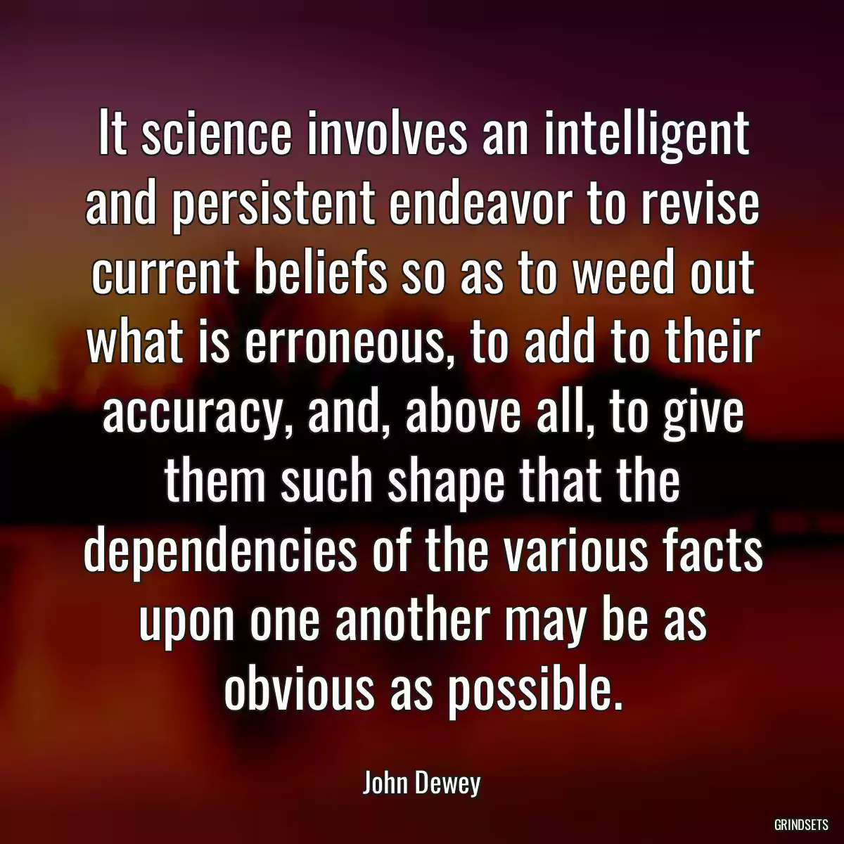 It science involves an intelligent and persistent endeavor to revise current beliefs so as to weed out what is erroneous, to add to their accuracy, and, above all, to give them such shape that the dependencies of the various facts upon one another may be as obvious as possible.