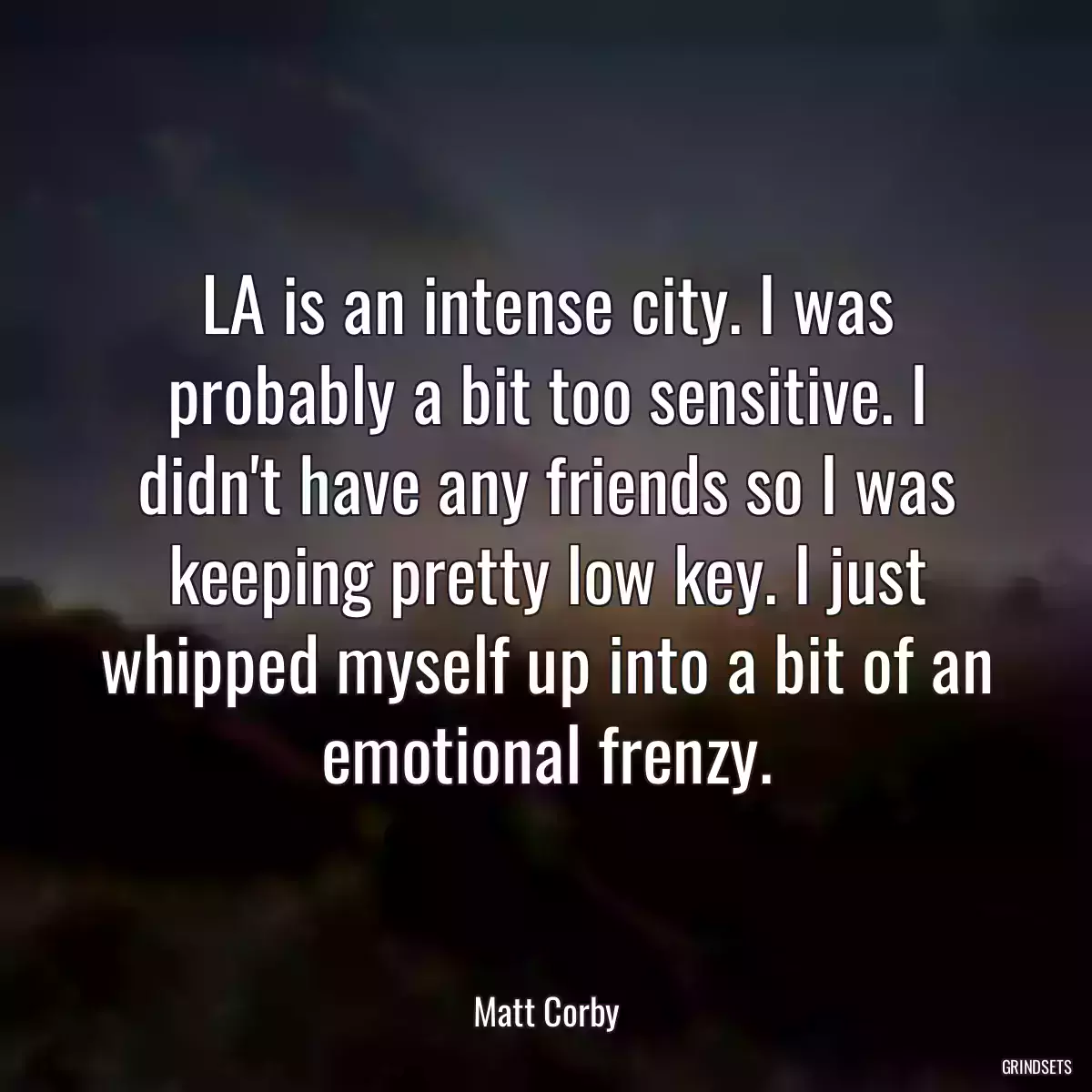 LA is an intense city. I was probably a bit too sensitive. I didn\'t have any friends so I was keeping pretty low key. I just whipped myself up into a bit of an emotional frenzy.