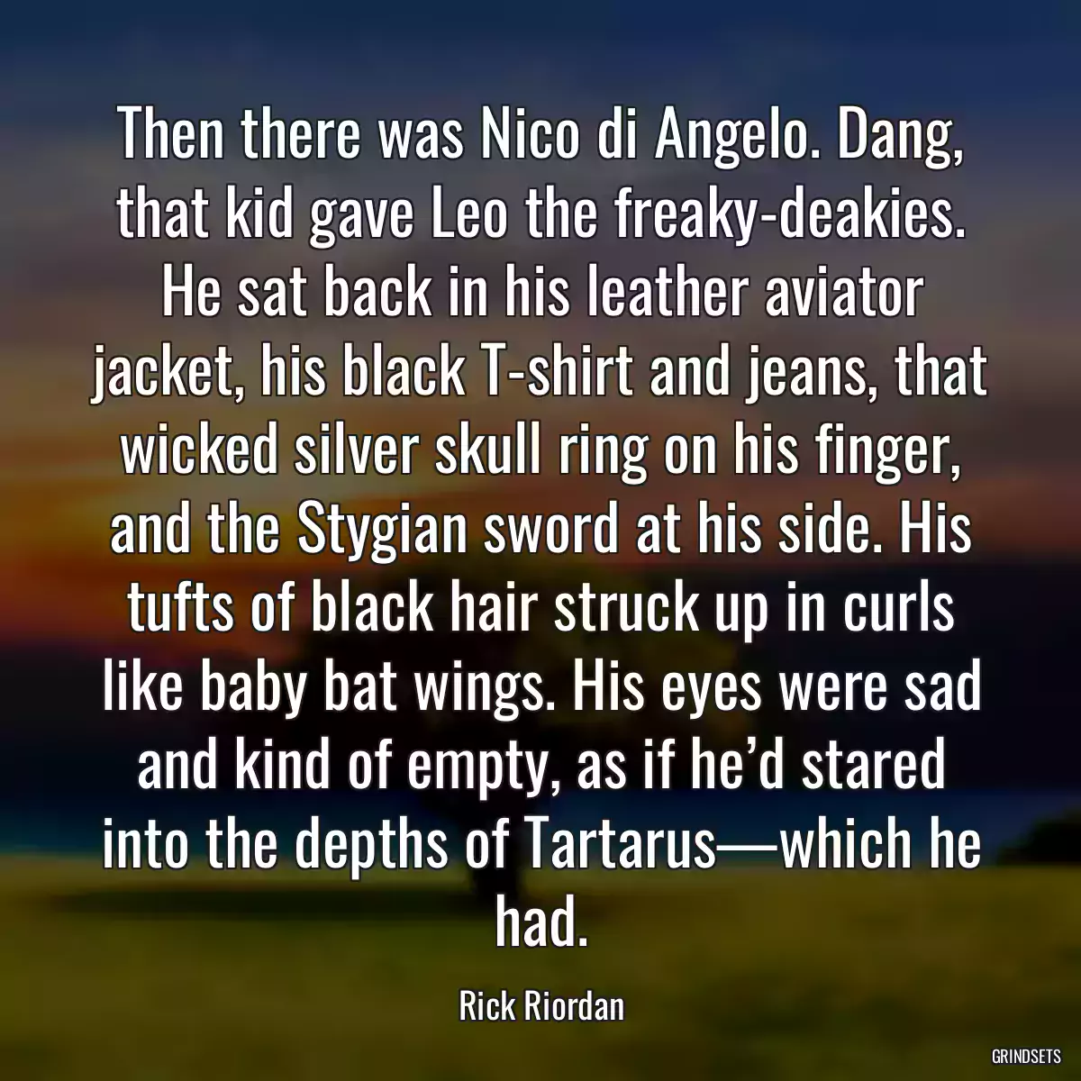 Then there was Nico di Angelo. Dang, that kid gave Leo the freaky-deakies. He sat back in his leather aviator jacket, his black T-shirt and jeans, that wicked silver skull ring on his finger, and the Stygian sword at his side. His tufts of black hair struck up in curls like baby bat wings. His eyes were sad and kind of empty, as if he’d stared into the depths of Tartarus—which he had.