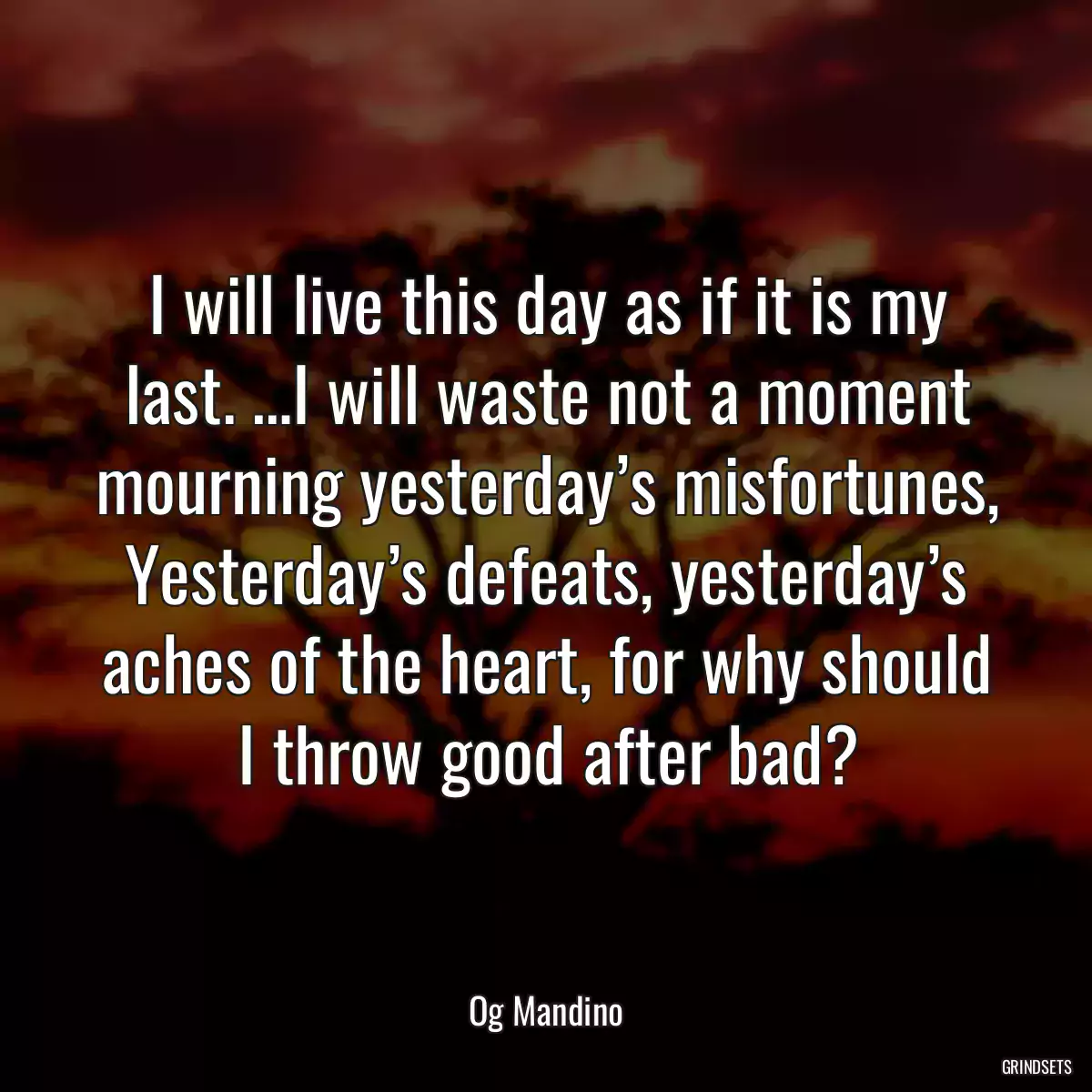 I will live this day as if it is my last. …I will waste not a moment mourning yesterday’s misfortunes, Yesterday’s defeats, yesterday’s aches of the heart, for why should I throw good after bad?