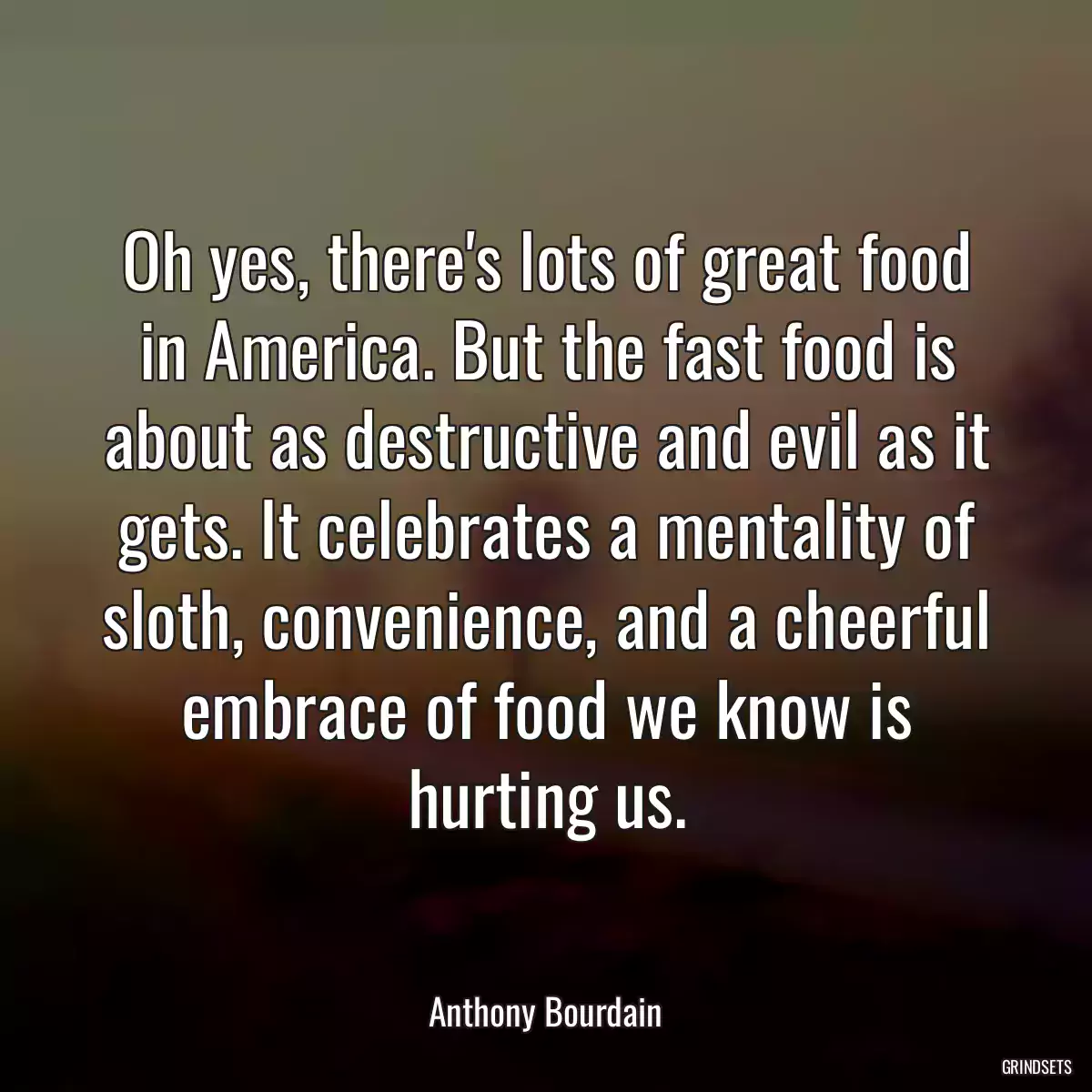 Oh yes, there\'s lots of great food in America. But the fast food is about as destructive and evil as it gets. It celebrates a mentality of sloth, convenience, and a cheerful embrace of food we know is hurting us.