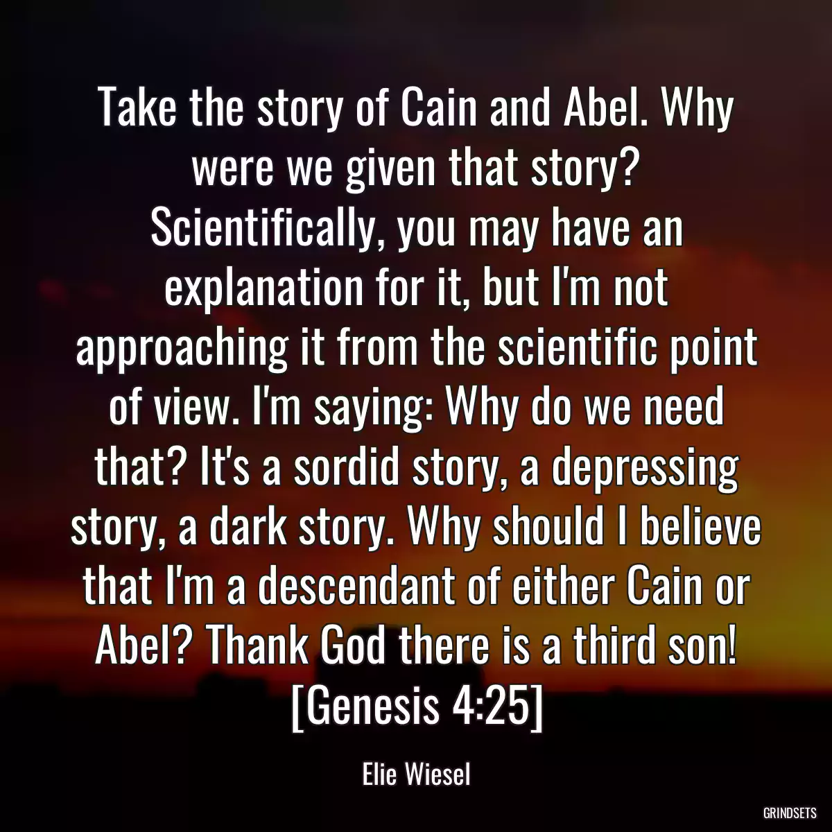 Take the story of Cain and Abel. Why were we given that story? Scientifically, you may have an explanation for it, but I\'m not approaching it from the scientific point of view. I\'m saying: Why do we need that? It\'s a sordid story, a depressing story, a dark story. Why should I believe that I\'m a descendant of either Cain or Abel? Thank God there is a third son! [Genesis 4:25]