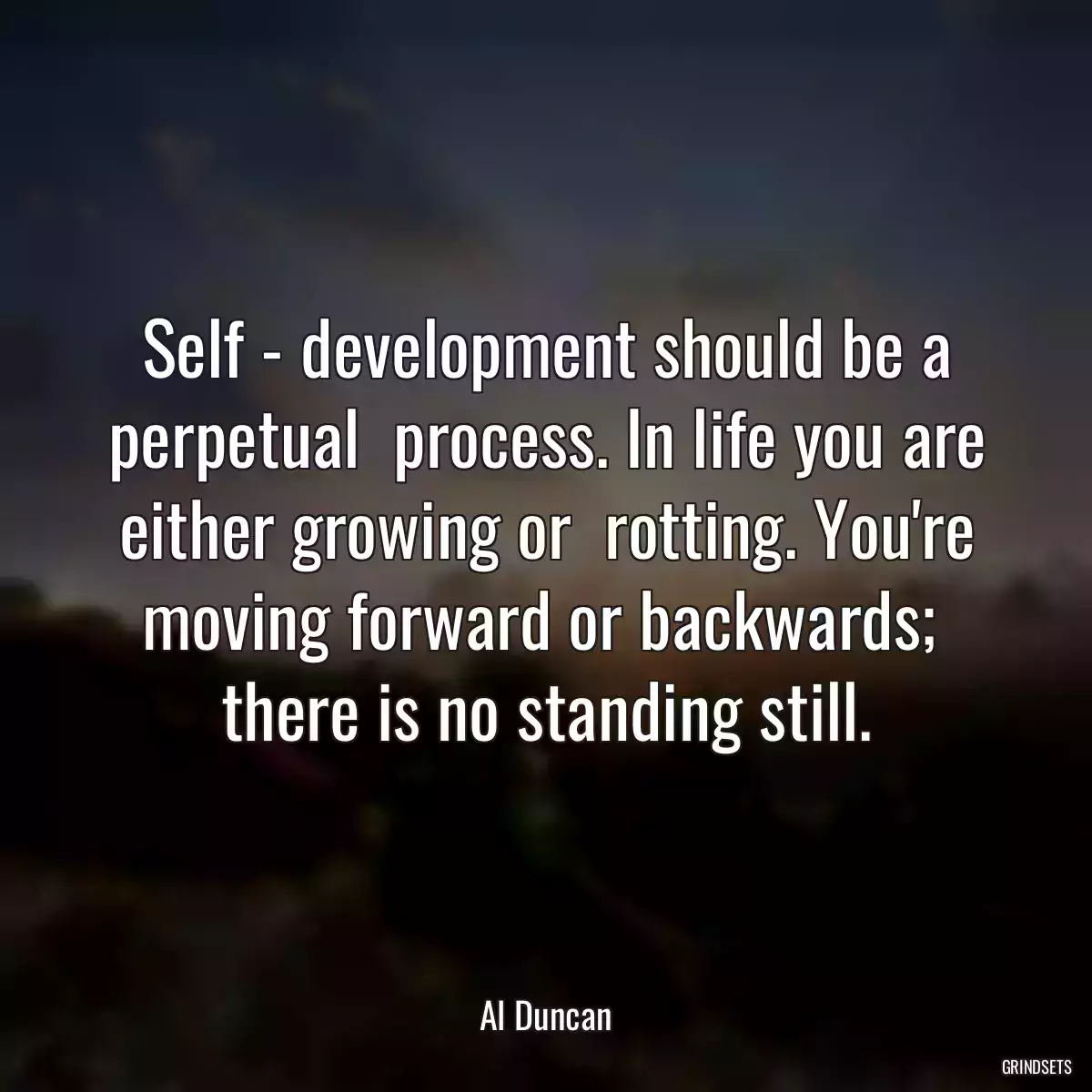 Self - development should be a perpetual  process. In life you are either growing or  rotting. You\'re moving forward or backwards;  there is no standing still.