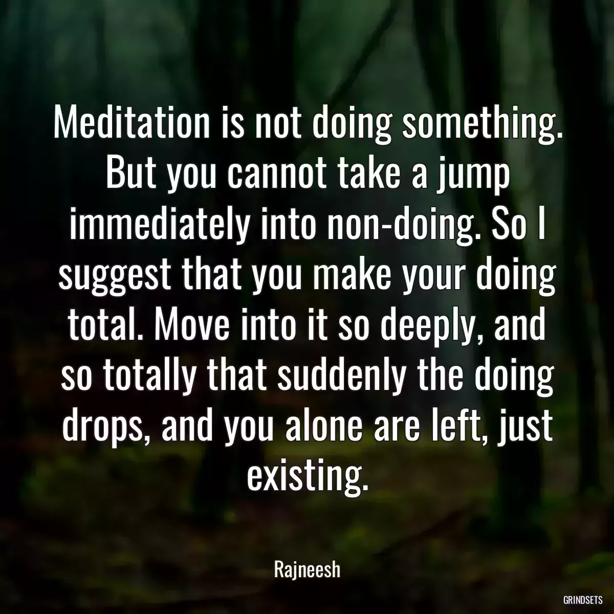 Meditation is not doing something. But you cannot take a jump immediately into non-doing. So I suggest that you make your doing total. Move into it so deeply, and so totally that suddenly the doing drops, and you alone are left, just existing.