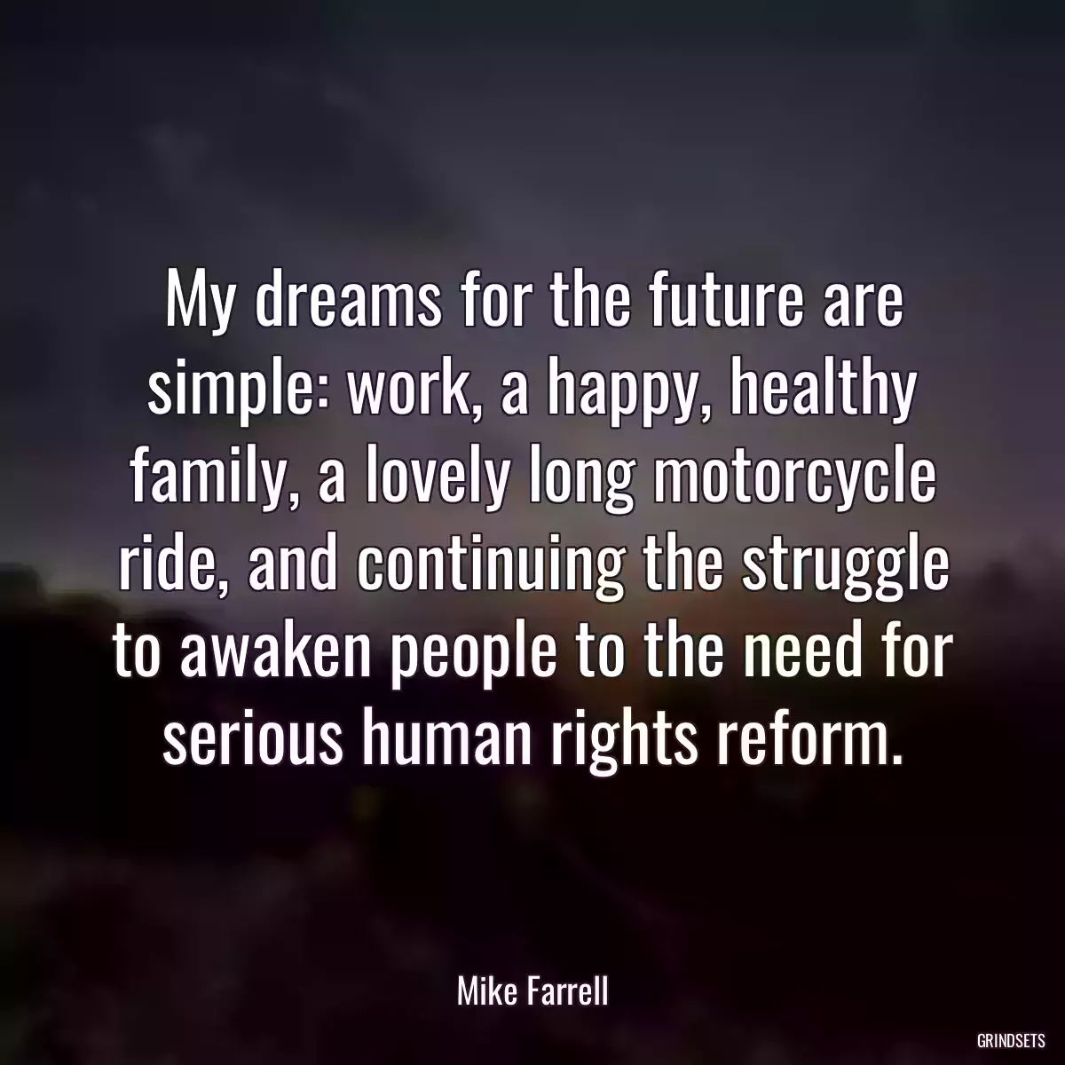 My dreams for the future are simple: work, a happy, healthy family, a lovely long motorcycle ride, and continuing the struggle to awaken people to the need for serious human rights reform.