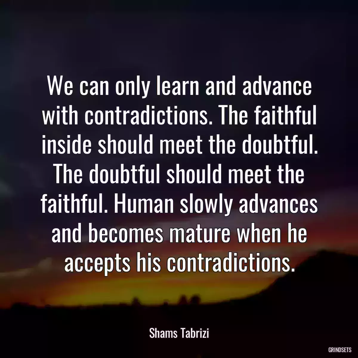 We can only learn and advance with contradictions. The faithful inside should meet the doubtful. The doubtful should meet the faithful. Human slowly advances and becomes mature when he accepts his contradictions.