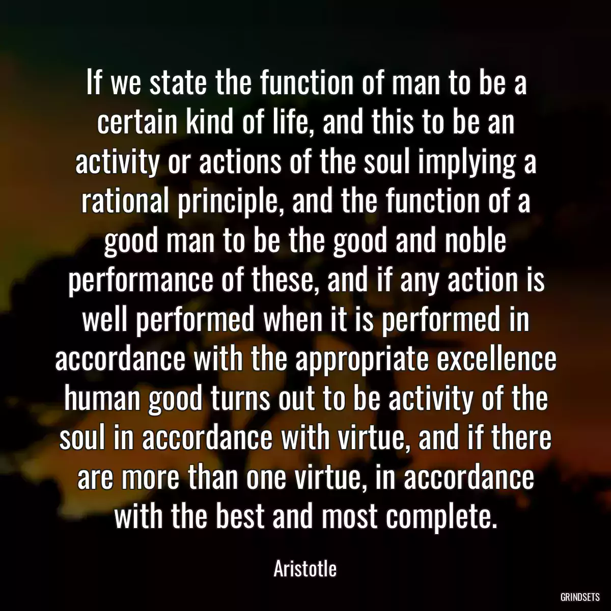 If we state the function of man to be a certain kind of life, and this to be an activity or actions of the soul implying a rational principle, and the function of a good man to be the good and noble performance of these, and if any action is well performed when it is performed in accordance with the appropriate excellence human good turns out to be activity of the soul in accordance with virtue, and if there are more than one virtue, in accordance with the best and most complete.