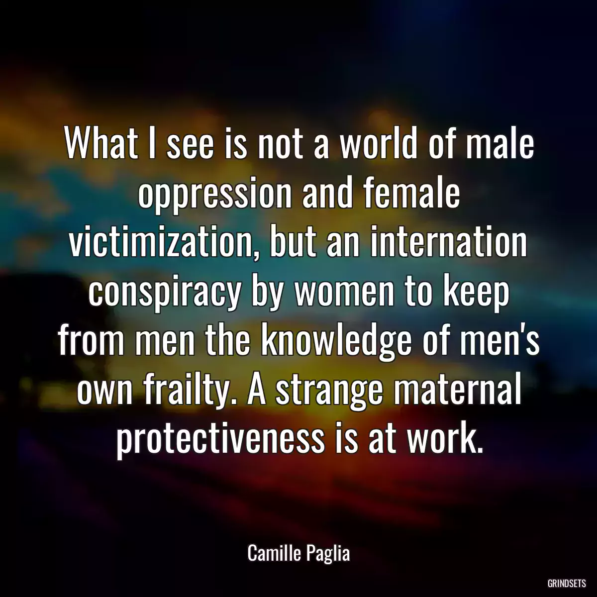 What I see is not a world of male oppression and female victimization, but an internation conspiracy by women to keep from men the knowledge of men\'s own frailty. A strange maternal protectiveness is at work.