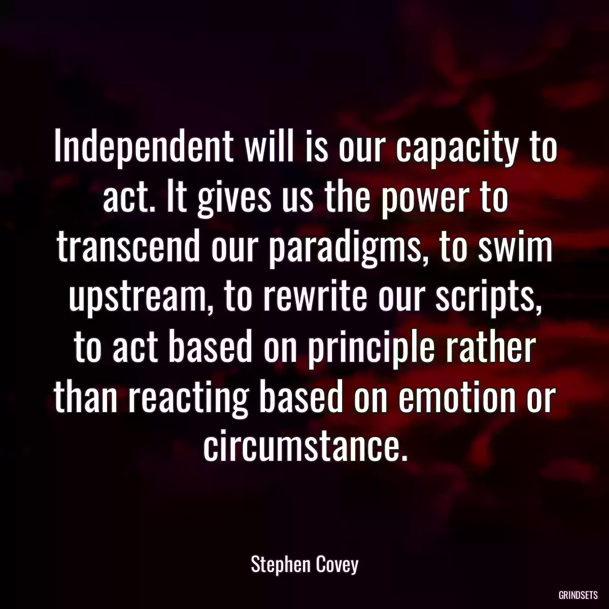 Independent will is our capacity to act. It gives us the power to transcend our paradigms, to swim upstream, to rewrite our scripts, to act based on principle rather than reacting based on emotion or circumstance.