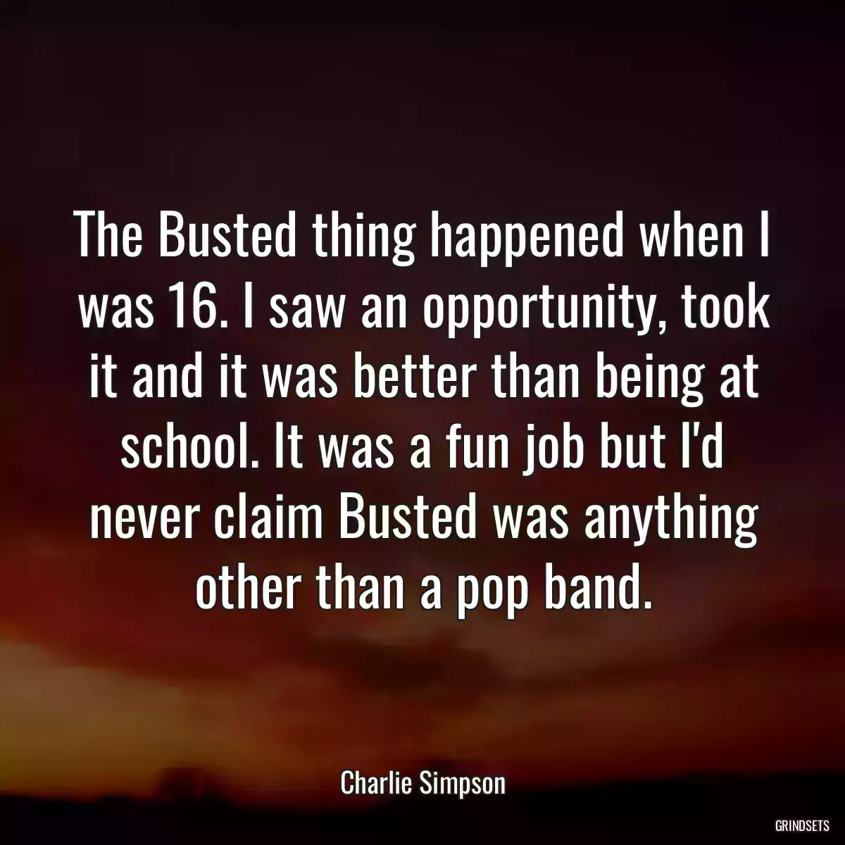 The Busted thing happened when I was 16. I saw an opportunity, took it and it was better than being at school. It was a fun job but I\'d never claim Busted was anything other than a pop band.