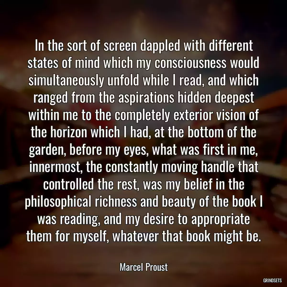 In the sort of screen dappled with different states of mind which my consciousness would simultaneously unfold while I read, and which ranged from the aspirations hidden deepest within me to the completely exterior vision of the horizon which I had, at the bottom of the garden, before my eyes, what was first in me, innermost, the constantly moving handle that controlled the rest, was my belief in the philosophical richness and beauty of the book I was reading, and my desire to appropriate them for myself, whatever that book might be.
