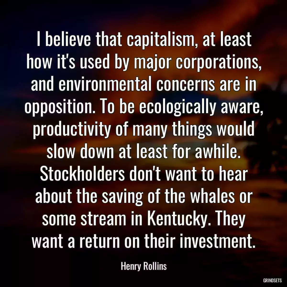 I believe that capitalism, at least how it\'s used by major corporations, and environmental concerns are in opposition. To be ecologically aware, productivity of many things would slow down at least for awhile. Stockholders don\'t want to hear about the saving of the whales or some stream in Kentucky. They want a return on their investment.