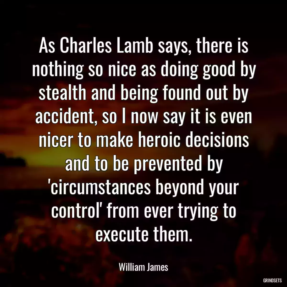 As Charles Lamb says, there is nothing so nice as doing good by stealth and being found out by accident, so I now say it is even nicer to make heroic decisions and to be prevented by \'circumstances beyond your control\' from ever trying to execute them.