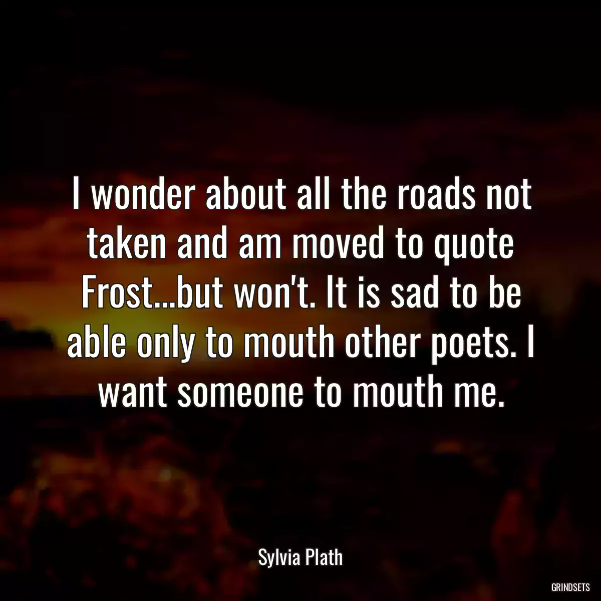 I wonder about all the roads not taken and am moved to quote Frost...but won\'t. It is sad to be able only to mouth other poets. I want someone to mouth me.