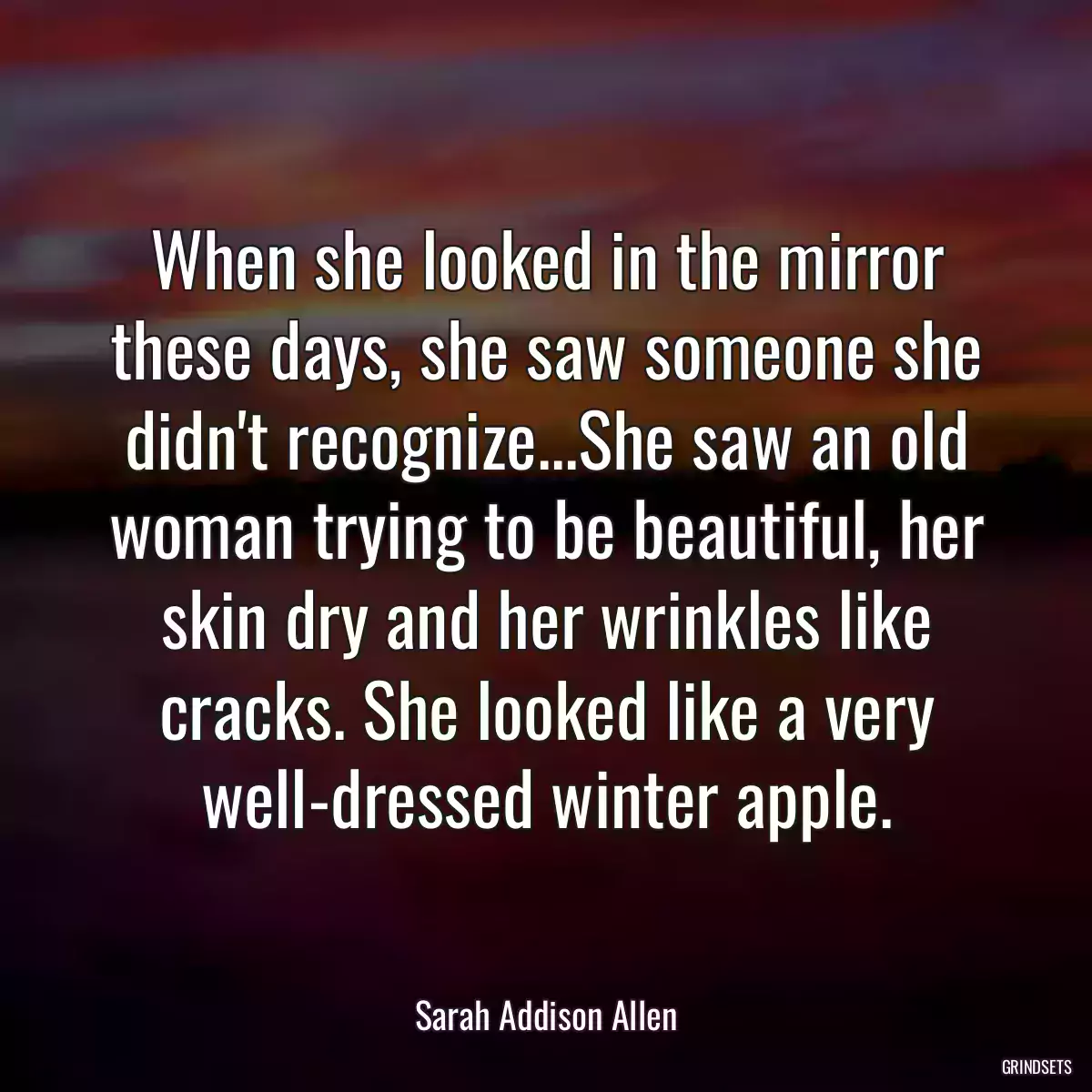 When she looked in the mirror these days, she saw someone she didn\'t recognize...She saw an old woman trying to be beautiful, her skin dry and her wrinkles like cracks. She looked like a very well-dressed winter apple.