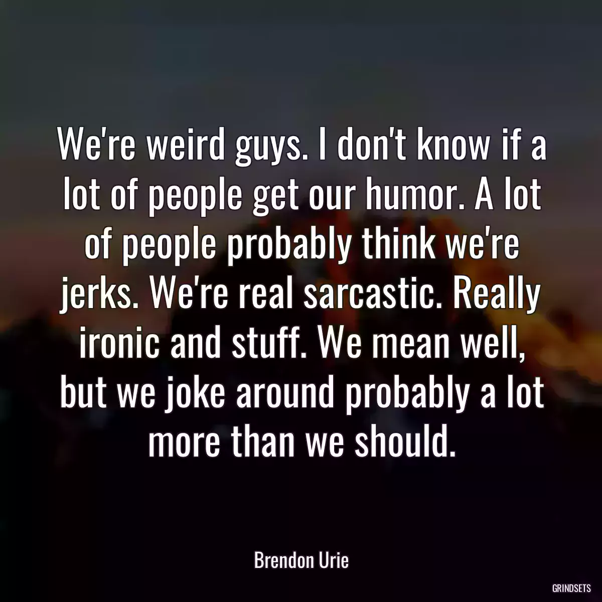 We\'re weird guys. I don\'t know if a lot of people get our humor. A lot of people probably think we\'re jerks. We\'re real sarcastic. Really ironic and stuff. We mean well, but we joke around probably a lot more than we should.