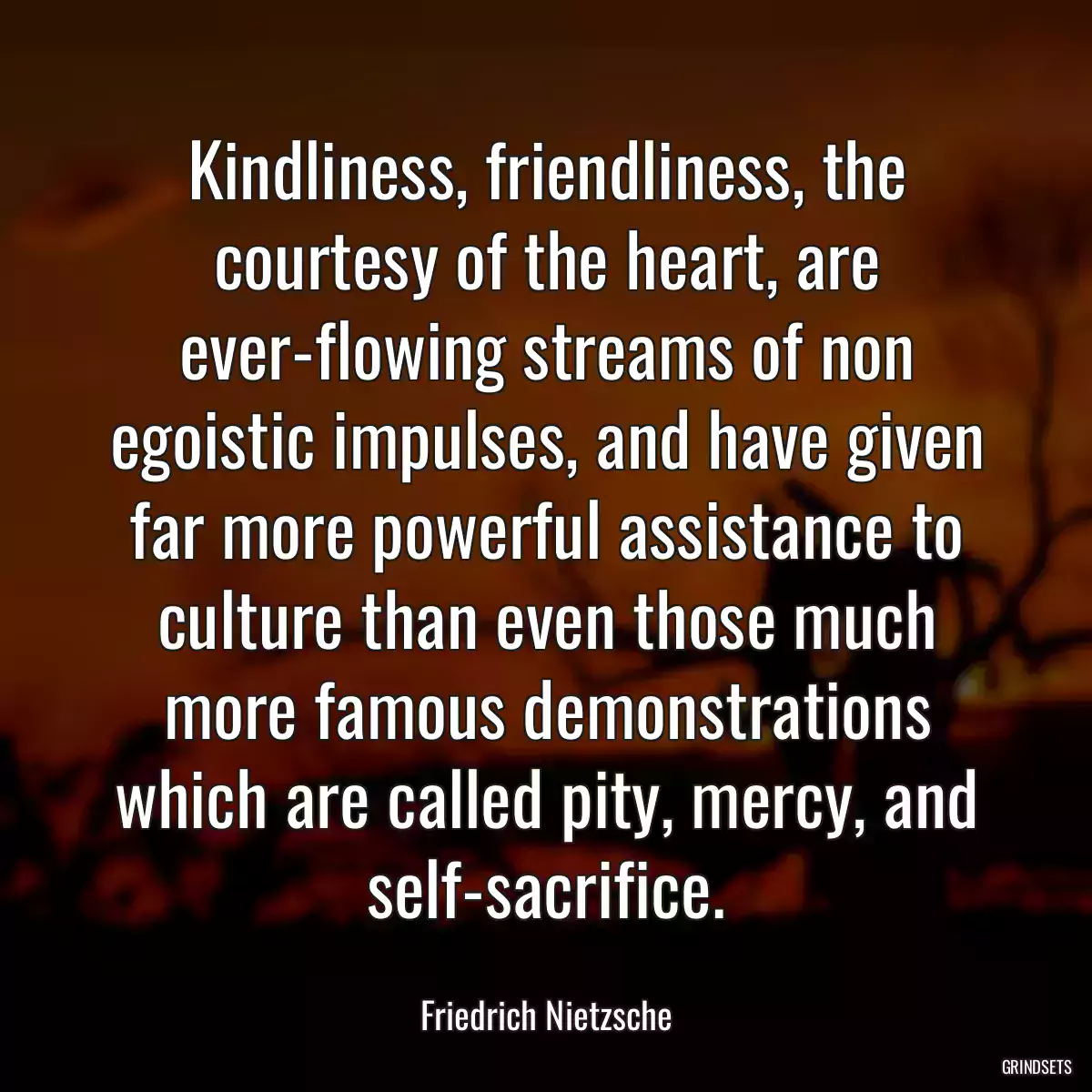 Kindliness, friendliness, the courtesy of the heart, are ever-flowing streams of non egoistic impulses, and have given far more powerful assistance to culture than even those much more famous demonstrations which are called pity, mercy, and self-sacrifice.