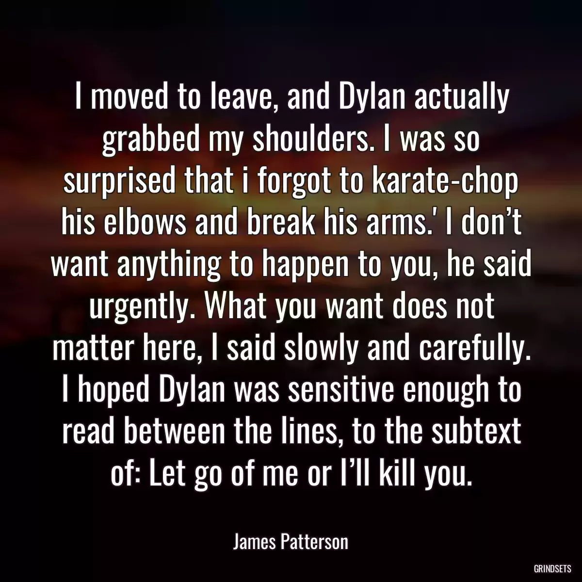 I moved to leave, and Dylan actually grabbed my shoulders. I was so surprised that i forgot to karate-chop his elbows and break his arms.\' I don’t want anything to happen to you, he said urgently. What you want does not matter here, I said slowly and carefully. I hoped Dylan was sensitive enough to read between the lines, to the subtext of: Let go of me or I’ll kill you.