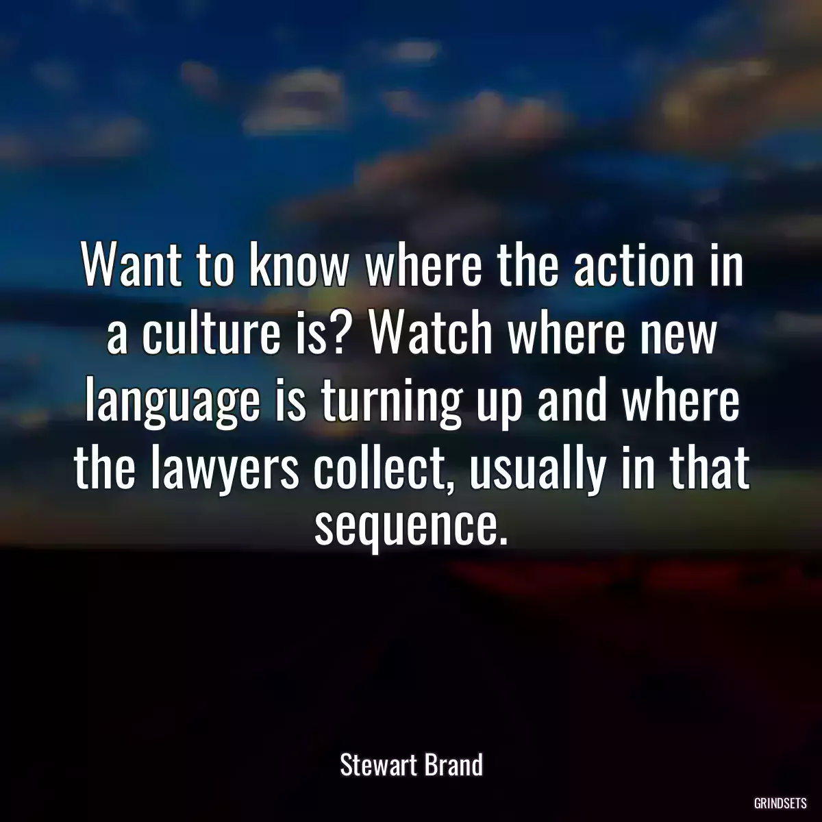 Want to know where the action in a culture is? Watch where new language is turning up and where the lawyers collect, usually in that sequence.