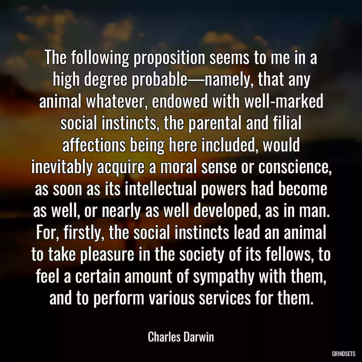 The following proposition seems to me in a high degree probable—namely, that any animal whatever, endowed with well-marked social instincts, the parental and filial affections being here included, would inevitably acquire a moral sense or conscience, as soon as its intellectual powers had become as well, or nearly as well developed, as in man. For, firstly, the social instincts lead an animal to take pleasure in the society of its fellows, to feel a certain amount of sympathy with them, and to perform various services for them.