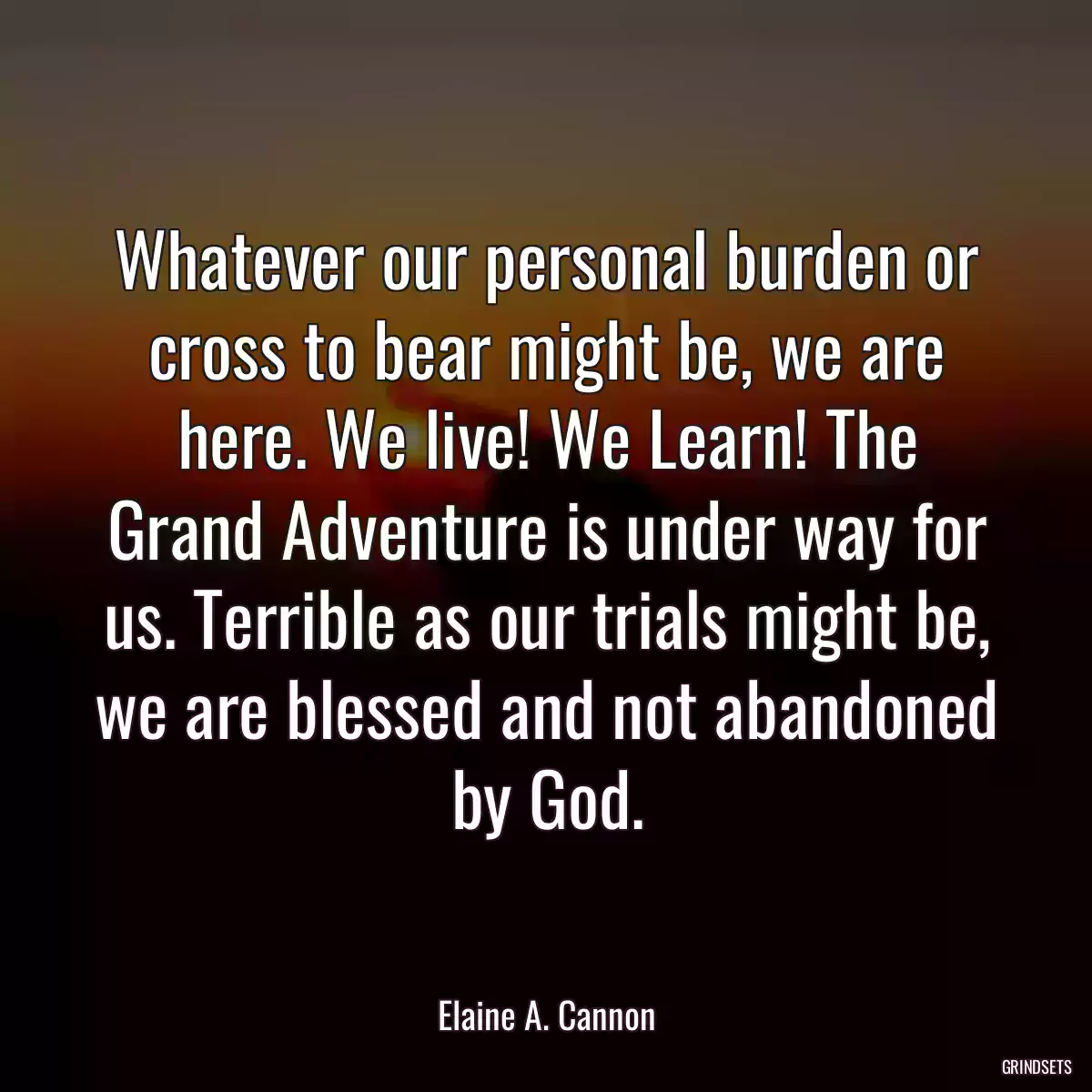 Whatever our personal burden or cross to bear might be, we are here. We live! We Learn! The Grand Adventure is under way for us. Terrible as our trials might be, we are blessed and not abandoned by God.