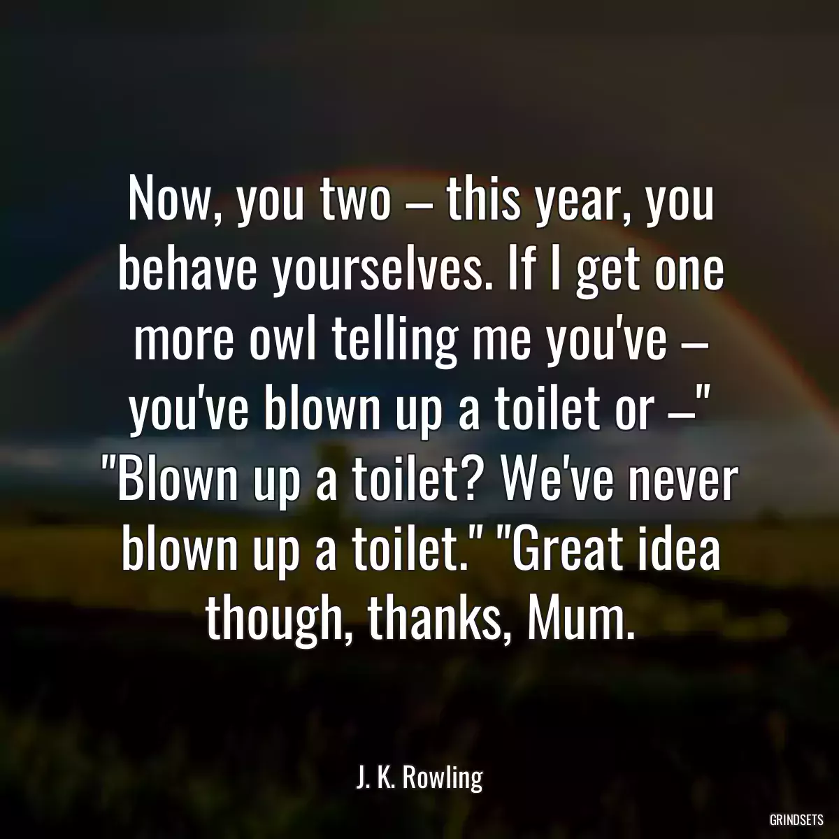 Now, you two – this year, you behave yourselves. If I get one more owl telling me you\'ve – you\'ve blown up a toilet or –\