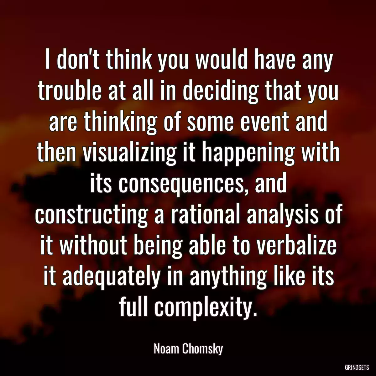 I don\'t think you would have any trouble at all in deciding that you are thinking of some event and then visualizing it happening with its consequences, and constructing a rational analysis of it without being able to verbalize it adequately in anything like its full complexity.