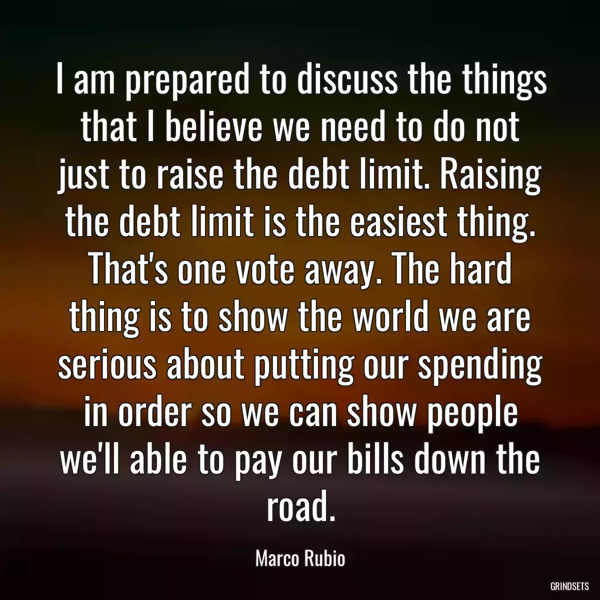 I am prepared to discuss the things that I believe we need to do not just to raise the debt limit. Raising the debt limit is the easiest thing. That\'s one vote away. The hard thing is to show the world we are serious about putting our spending in order so we can show people we\'ll able to pay our bills down the road.