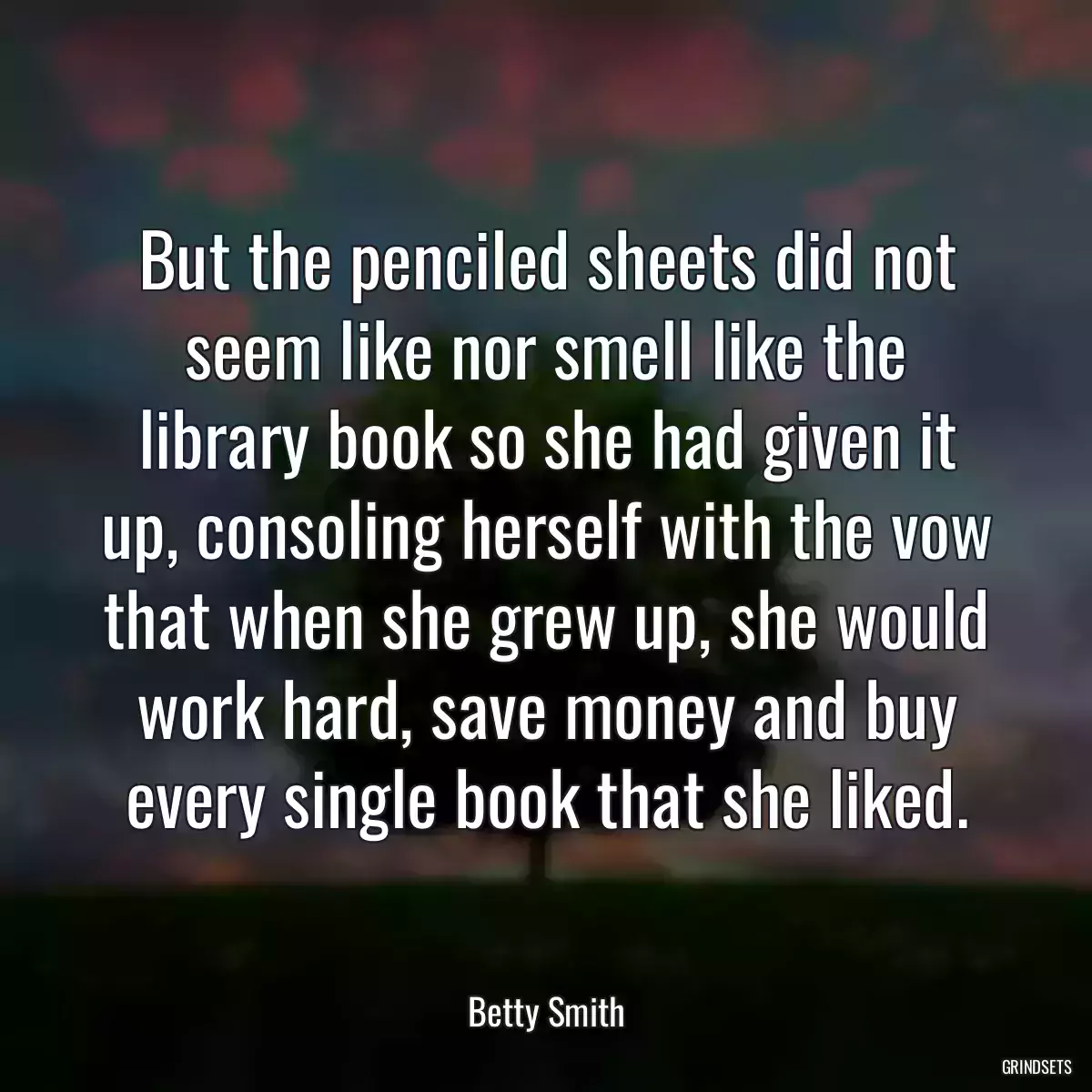 But the penciled sheets did not seem like nor smell like the library book so she had given it up, consoling herself with the vow that when she grew up, she would work hard, save money and buy every single book that she liked.