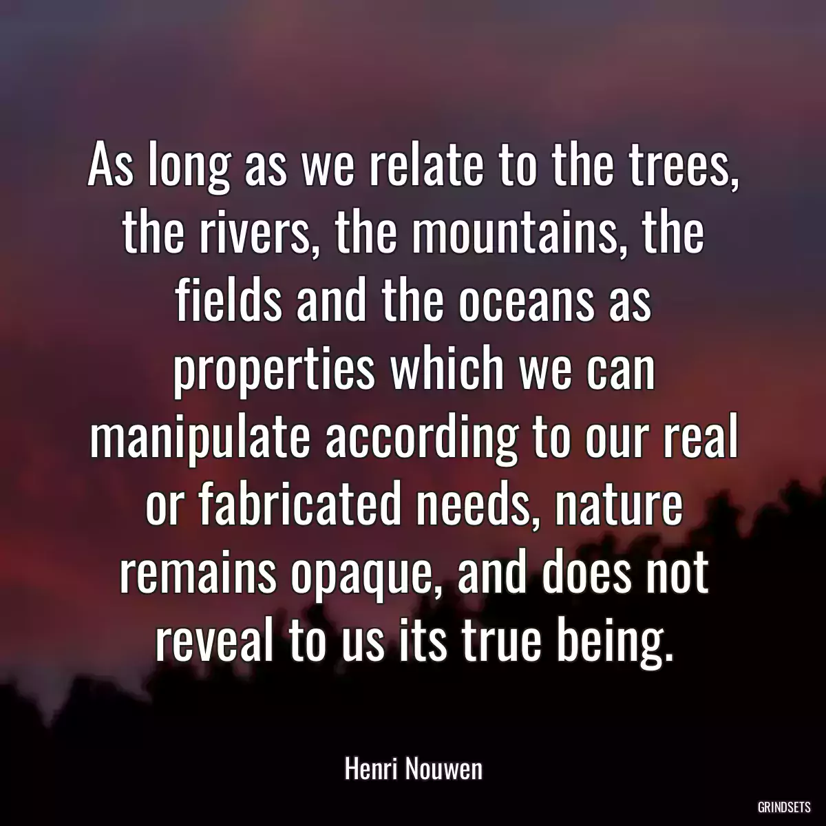 As long as we relate to the trees, the rivers, the mountains, the fields and the oceans as properties which we can manipulate according to our real or fabricated needs, nature remains opaque, and does not reveal to us its true being.