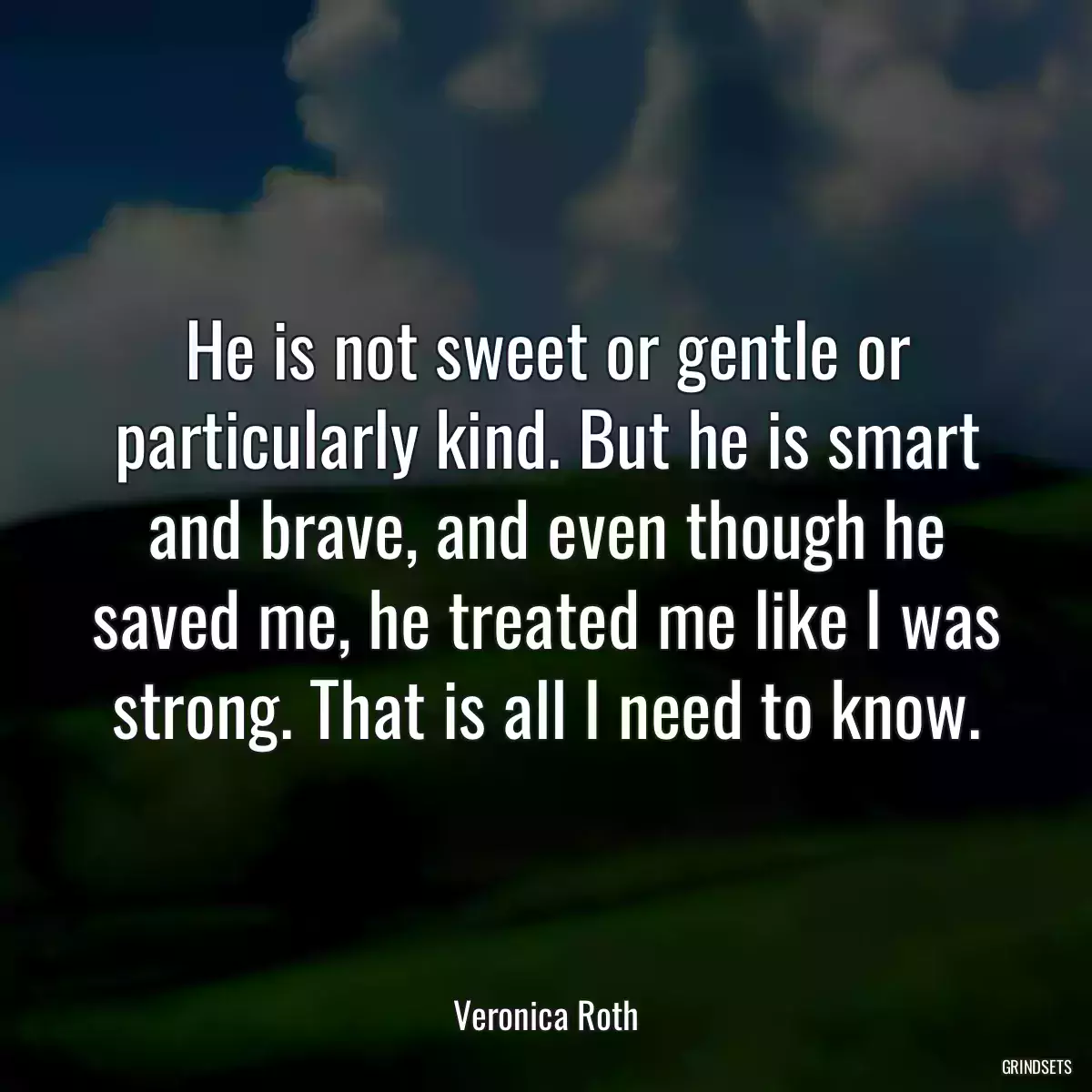 He is not sweet or gentle or particularly kind. But he is smart and brave, and even though he saved me, he treated me like I was strong. That is all I need to know.