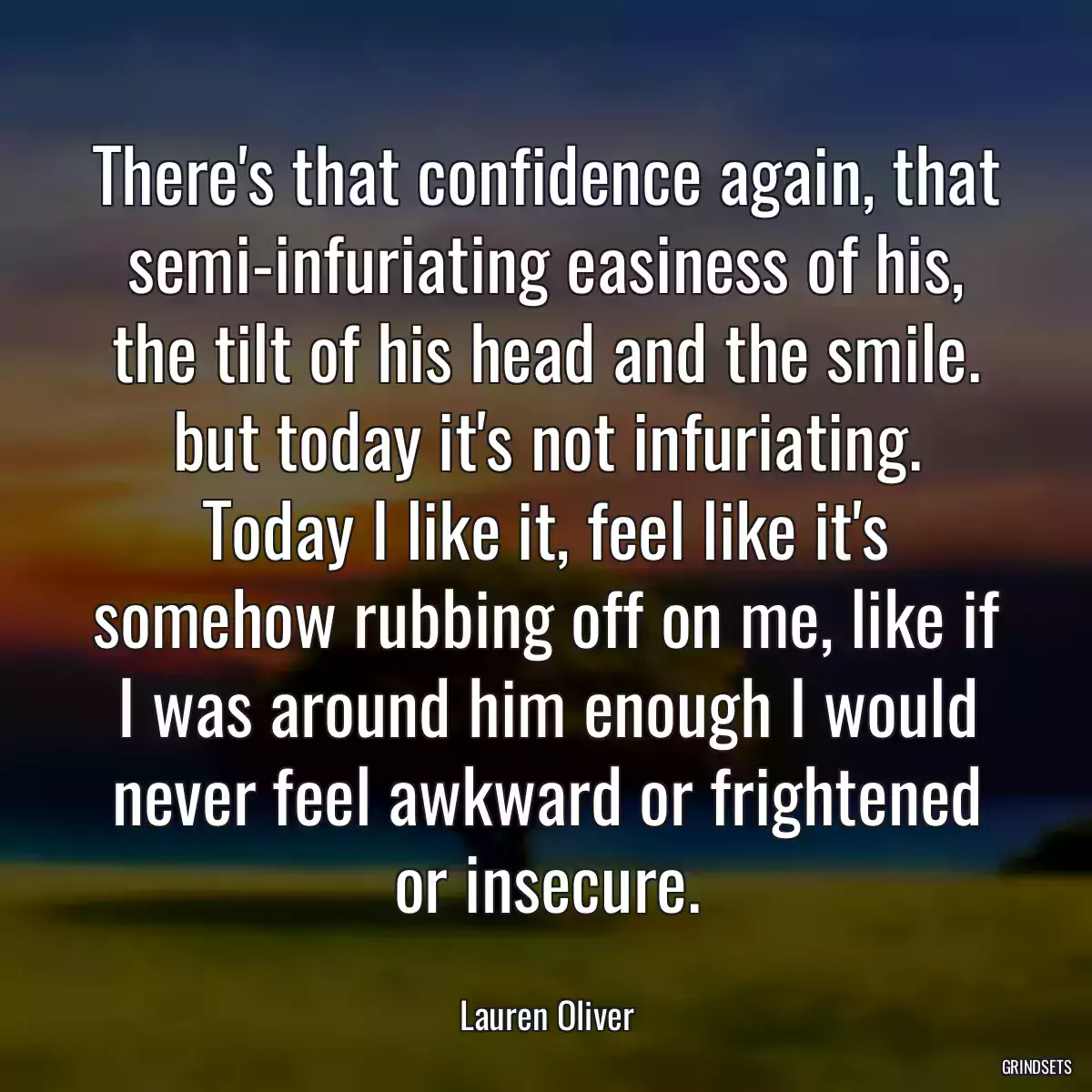 There\'s that confidence again, that semi-infuriating easiness of his, the tilt of his head and the smile. but today it\'s not infuriating. Today I like it, feel like it\'s somehow rubbing off on me, like if I was around him enough I would never feel awkward or frightened or insecure.