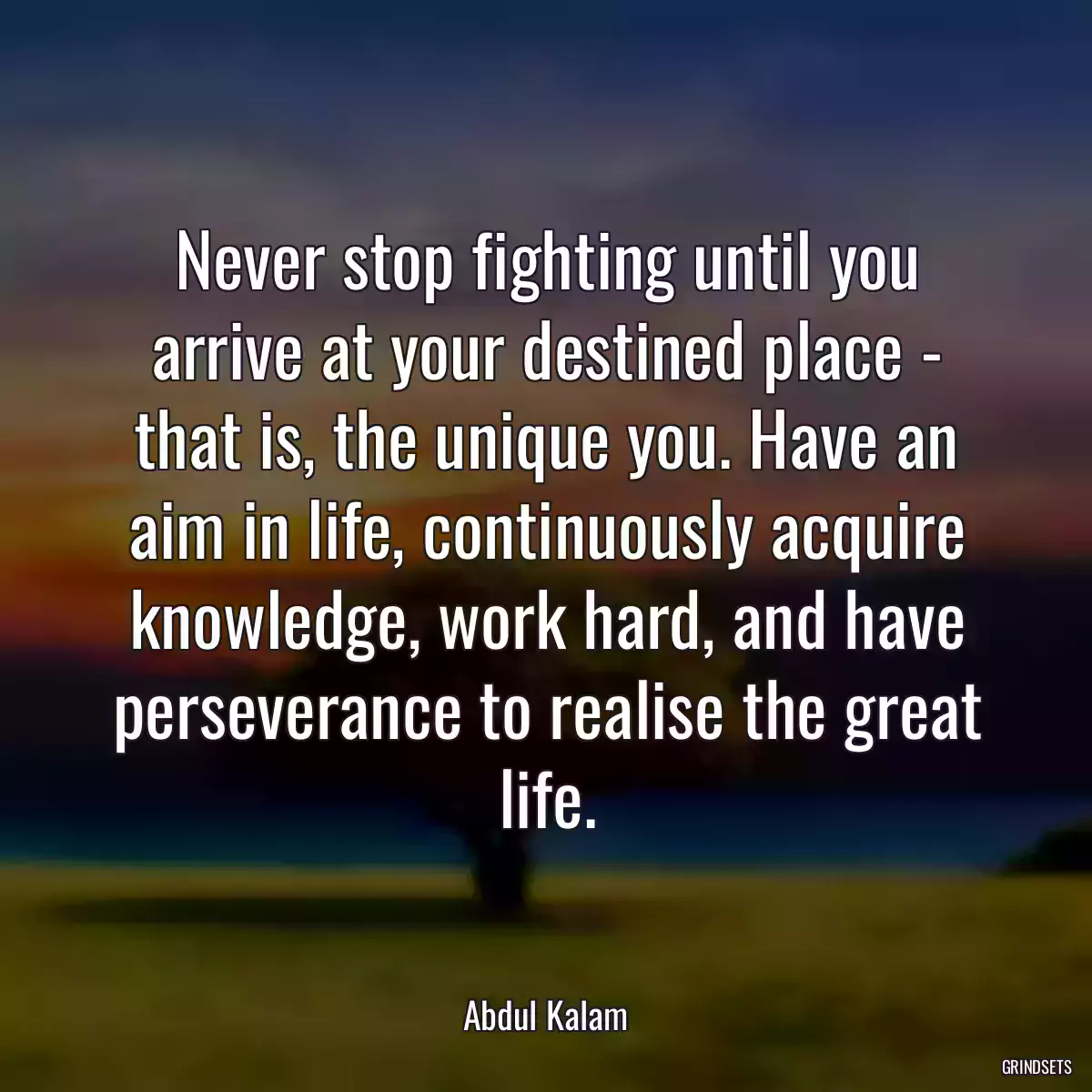 Never stop fighting until you arrive at your destined place - that is, the unique you. Have an aim in life, continuously acquire knowledge, work hard, and have perseverance to realise the great life.