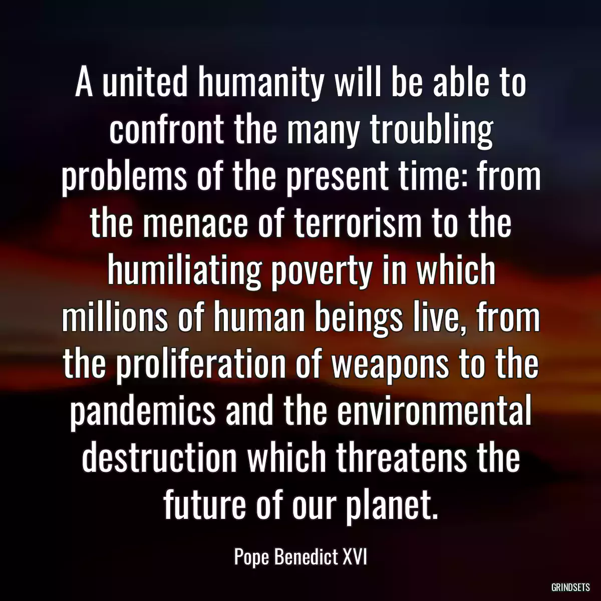 A united humanity will be able to confront the many troubling problems of the present time: from the menace of terrorism to the humiliating poverty in which millions of human beings live, from the proliferation of weapons to the pandemics and the environmental destruction which threatens the future of our planet.