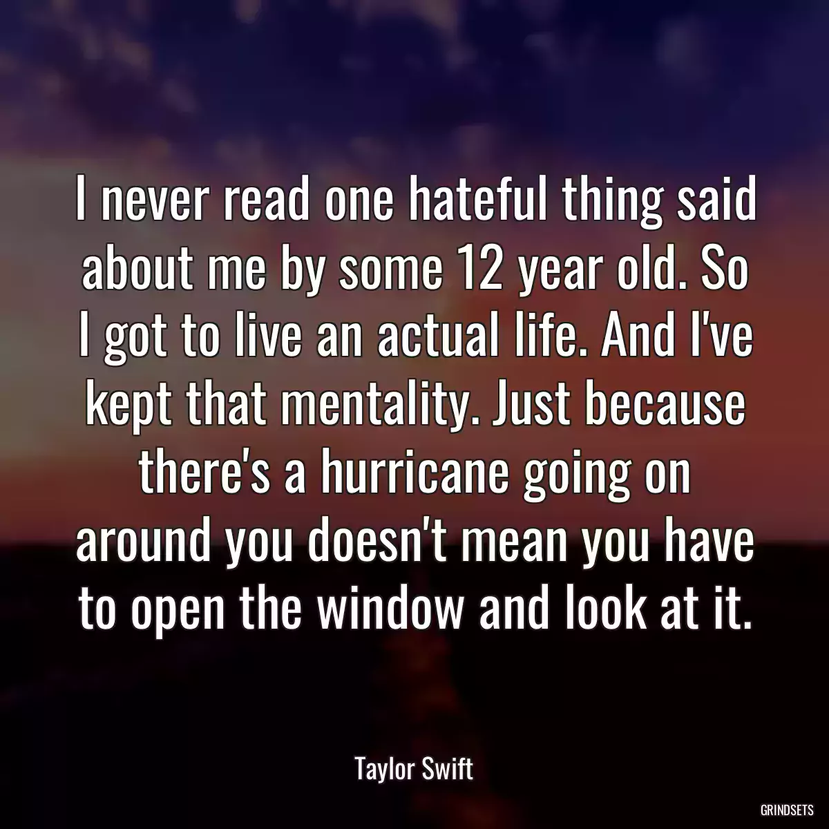 I never read one hateful thing said about me by some 12 year old. So I got to live an actual life. And I\'ve kept that mentality. Just because there\'s a hurricane going on around you doesn\'t mean you have to open the window and look at it.