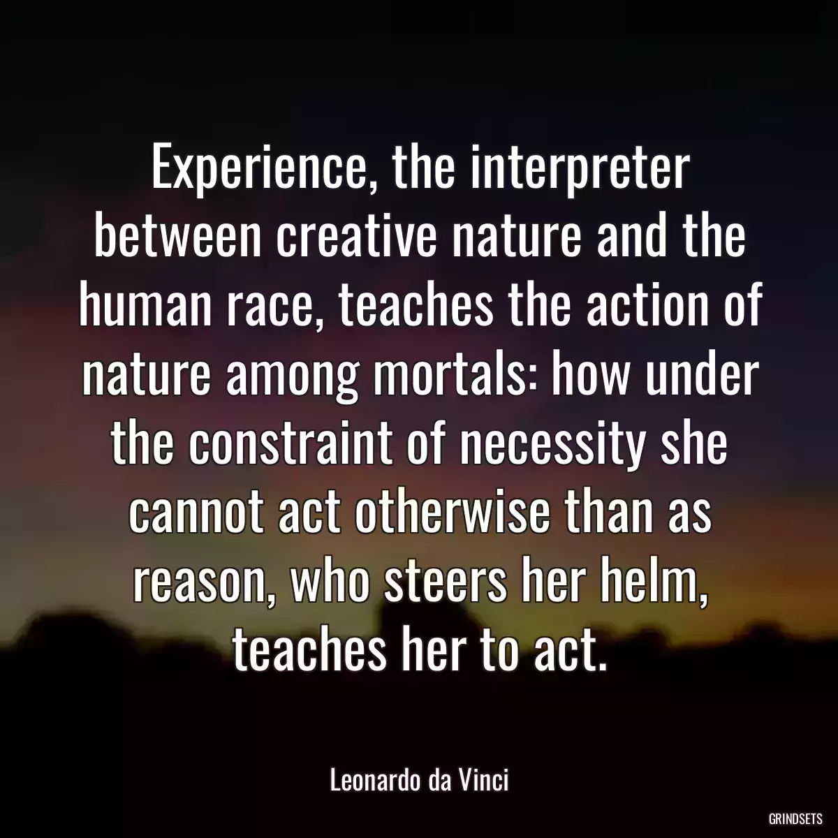 Experience, the interpreter between creative nature and the human race, teaches the action of nature among mortals: how under the constraint of necessity she cannot act otherwise than as reason, who steers her helm, teaches her to act.